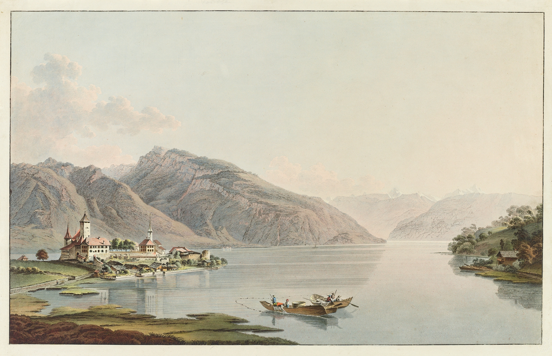 Landscape of Lake Thun with misty mountains, oil painting by Heinrich Rieter
