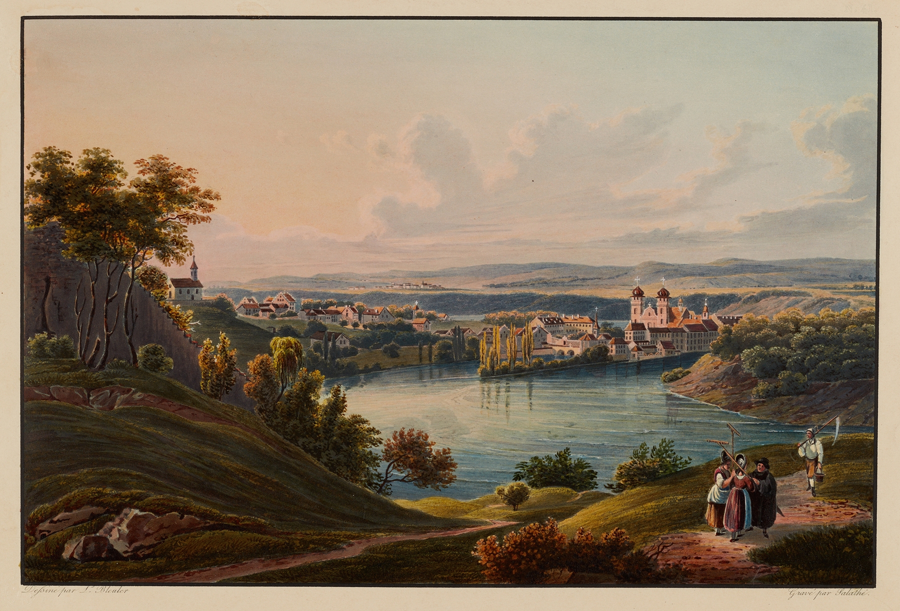 Landscape with misty mountains and river, oil on canvas by Johann Ludwig Bleuler