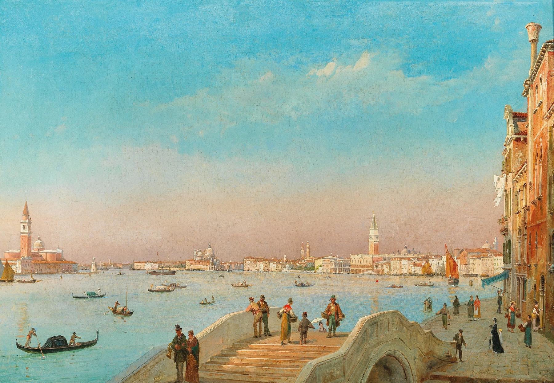 Venice, the Riva degli Schiavoni by Luigi Querena, oil on canvas depicting figures by the canal.