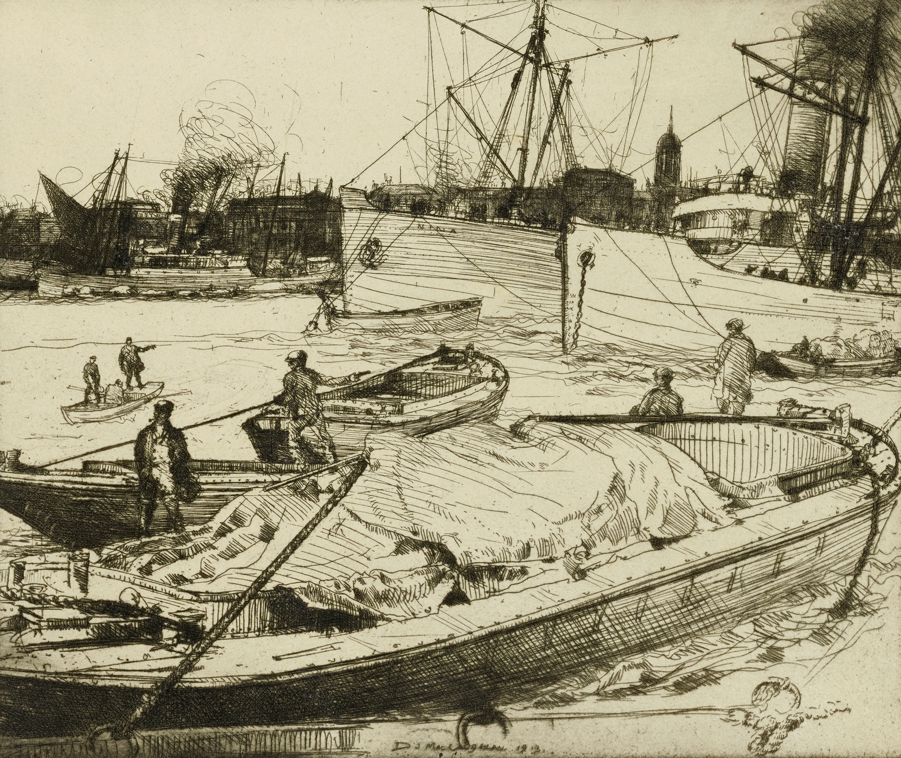 The Rushing Tide on the Thames, oil on canvas by Donald Shaw MacLaughlan, depicting swirling river currents.