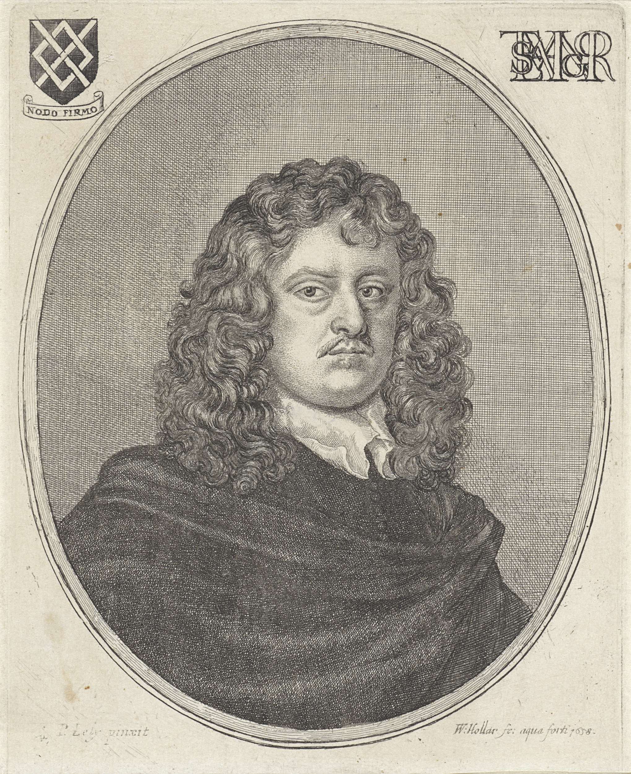 Etching of James Harrington by Wenceslaus Hollar, featuring a somber portrait with deep browns and greys