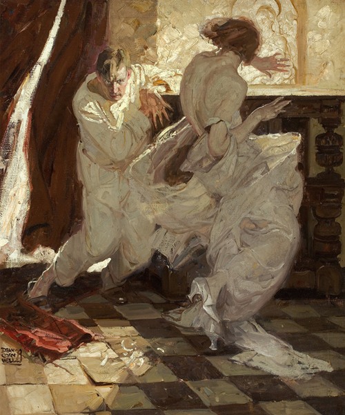 Dean Cornwell's 'The Garden of Peril' features a dramatic scene filled with vibrant colors and complex figures.