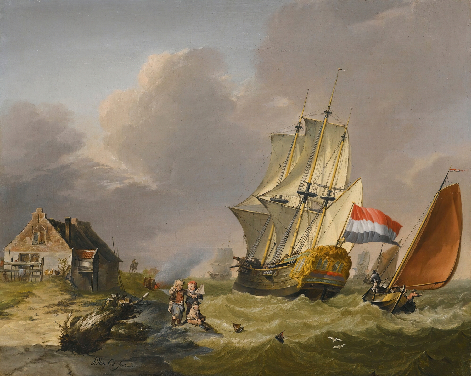 Shipping In A Storm Off The Coast by Jan Van Os, oil on canvas depicting a tumultuous ocean with swirling clouds.