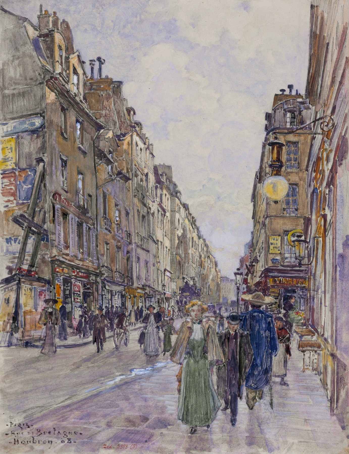 Rue de Bretagne, en 1908 by Frédéric Houbron, oil on canvas depicting a sunlit Paris street.