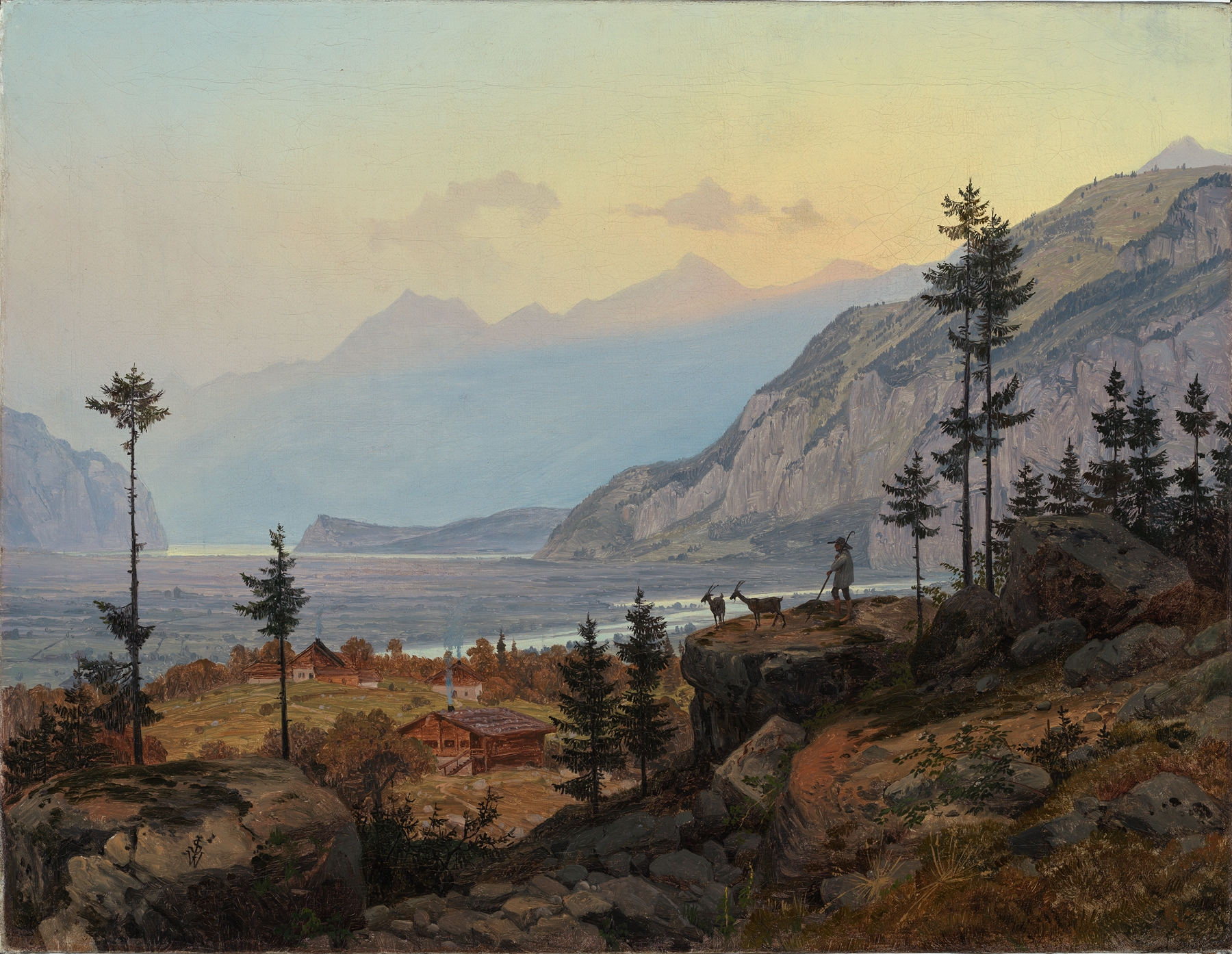 Schweizer Alpenlandschaft mit Fluss und See, by Johann Wilhelm Schirmer, public domain