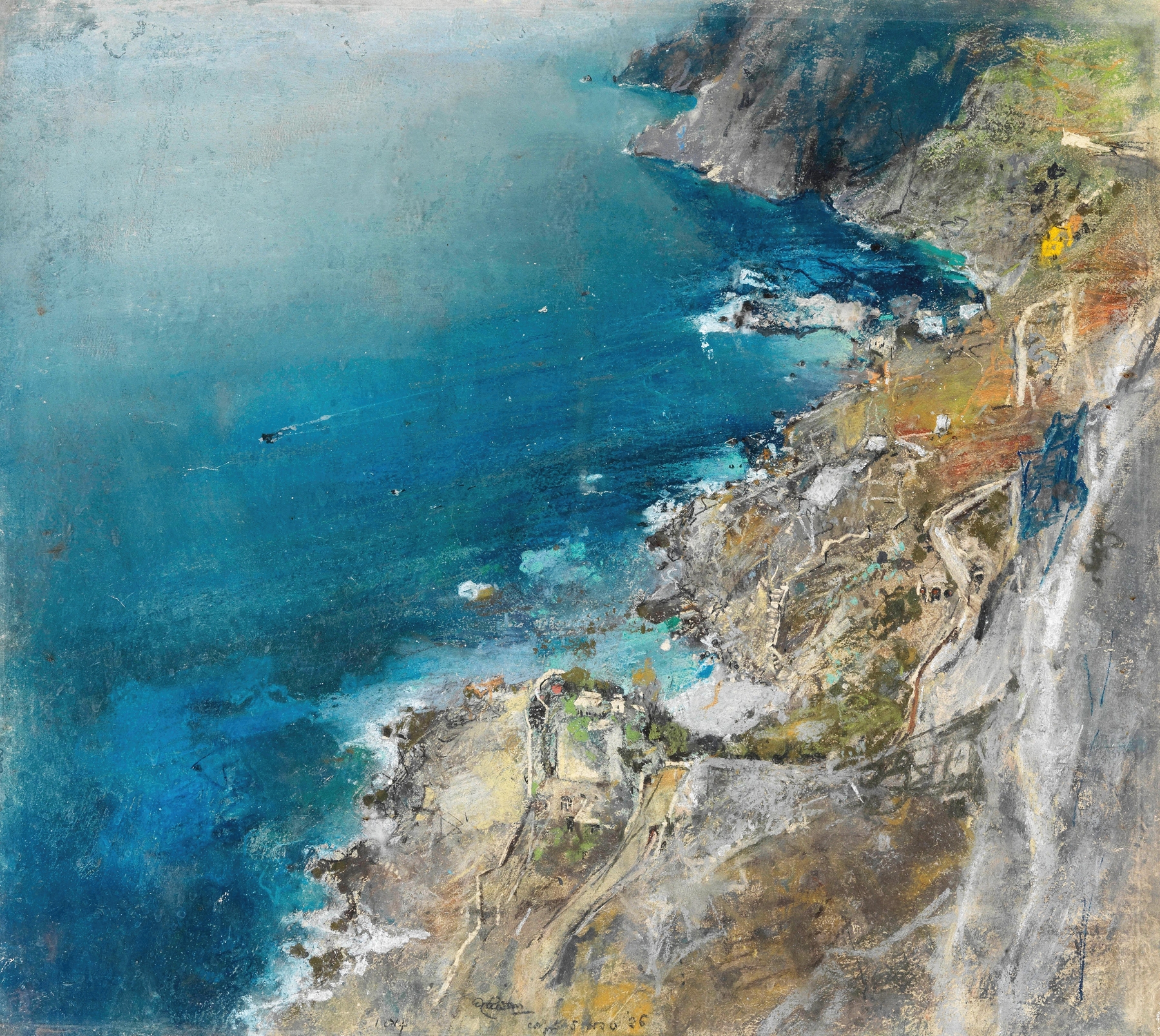 Cliffs, Ischia by Giuseppe Casciaro, oil on canvas depicting rocky cliffs and calm sea