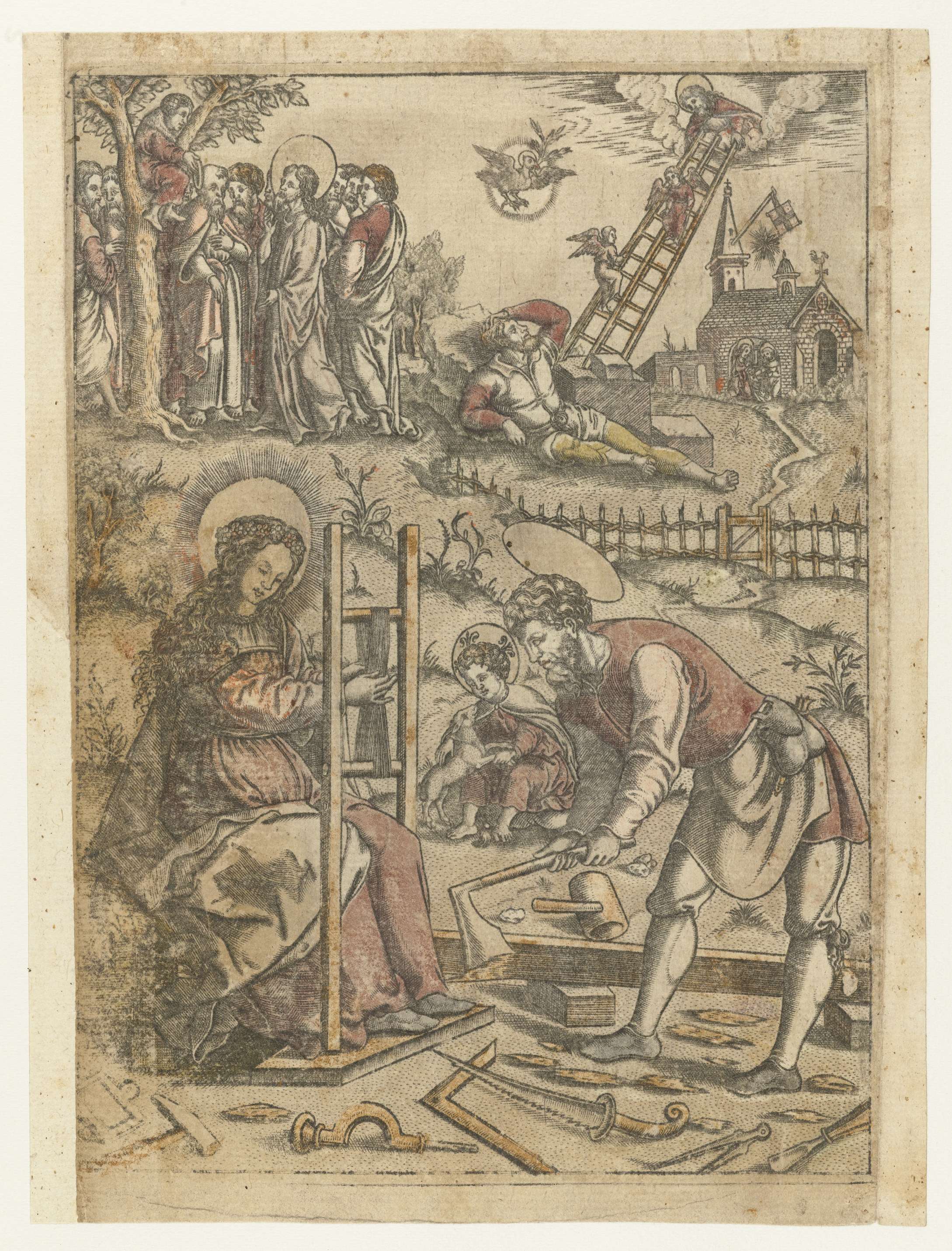 Engraving by Monogrammist AC depicting Virgin Mary and infant Christ in a twilight landscape