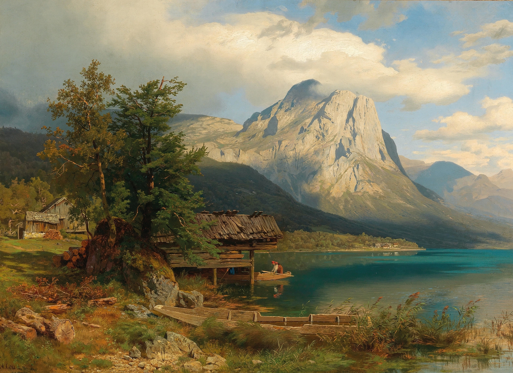 Landscape of Lake Grundlsee with mountains by August Wilhelm Leu, oil painting