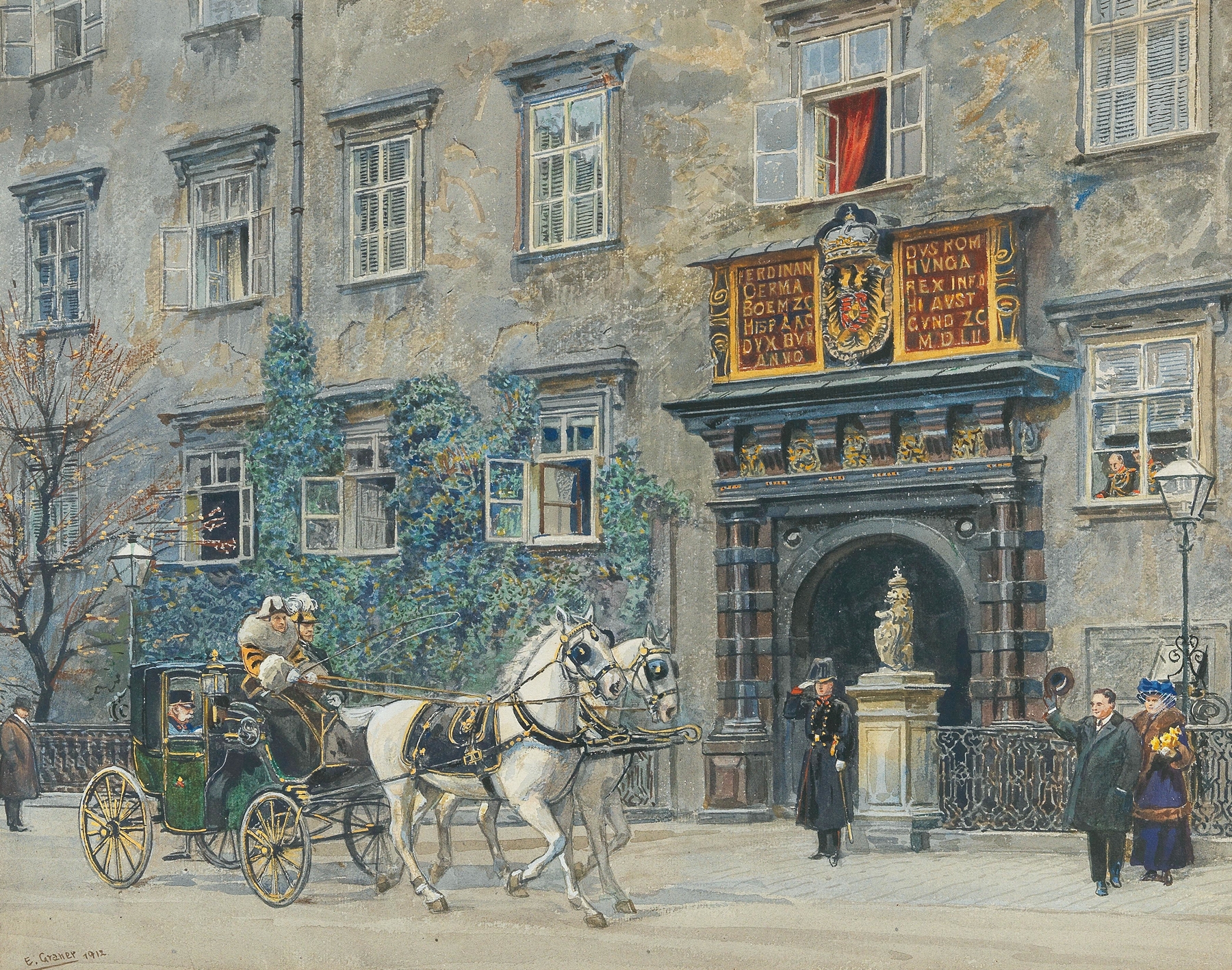 Historical scene depicting Emperor Francis Joseph in regal attire, oil painting by Ernst Graner