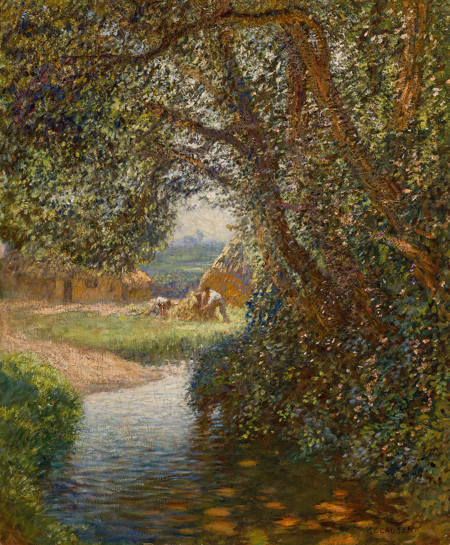 Haymakers by the Stream, oil painting by Sir George Clausen, depicting figures near a stream.