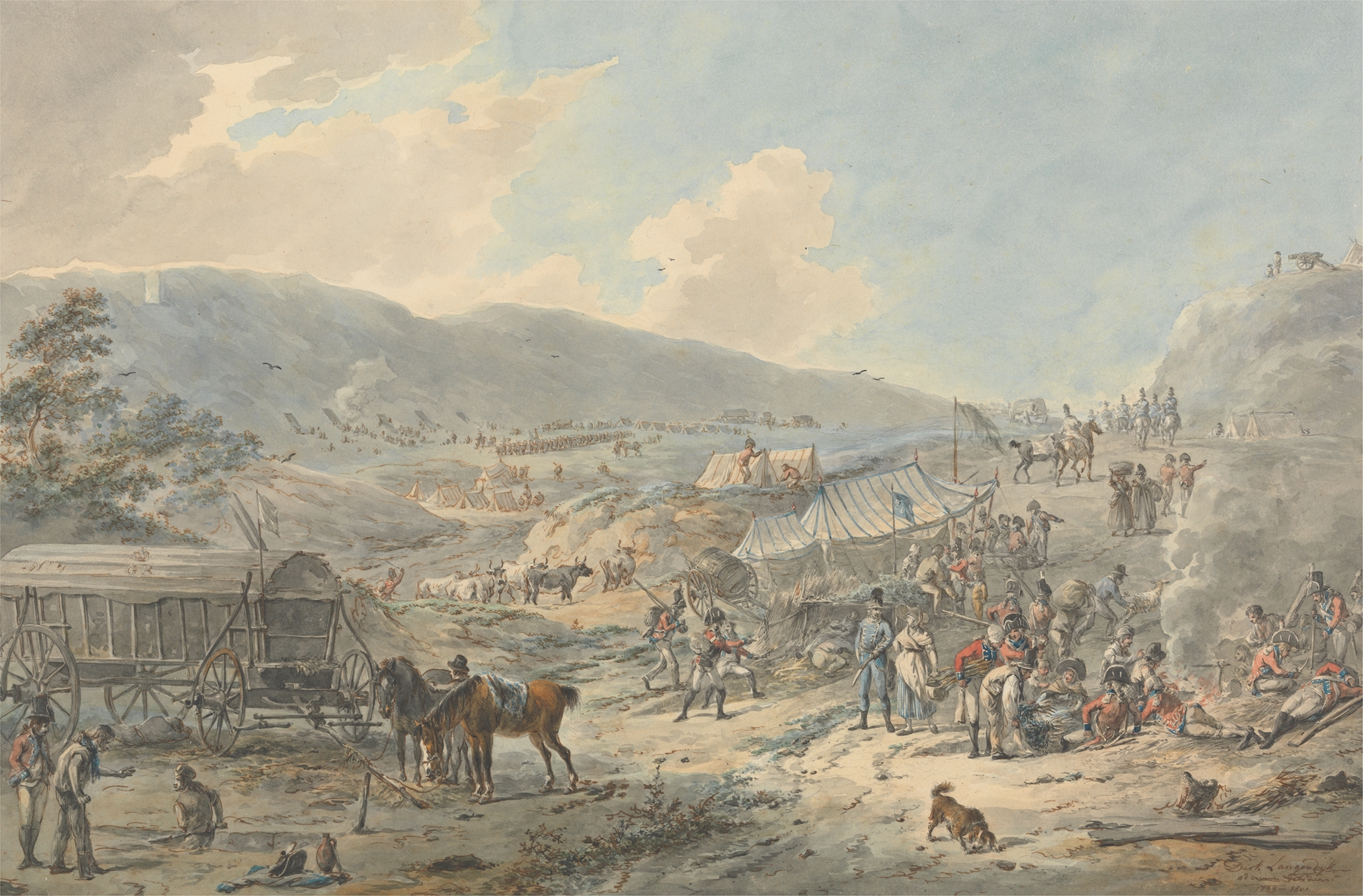 A British Encampment by Dirk Langendijk, oil on canvas depicting soldiers in a military setting.