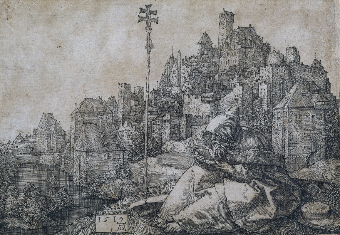 Albrecht Dürer's 'Saint Anthony' depicts the saint surrounded by symbolic elements.
