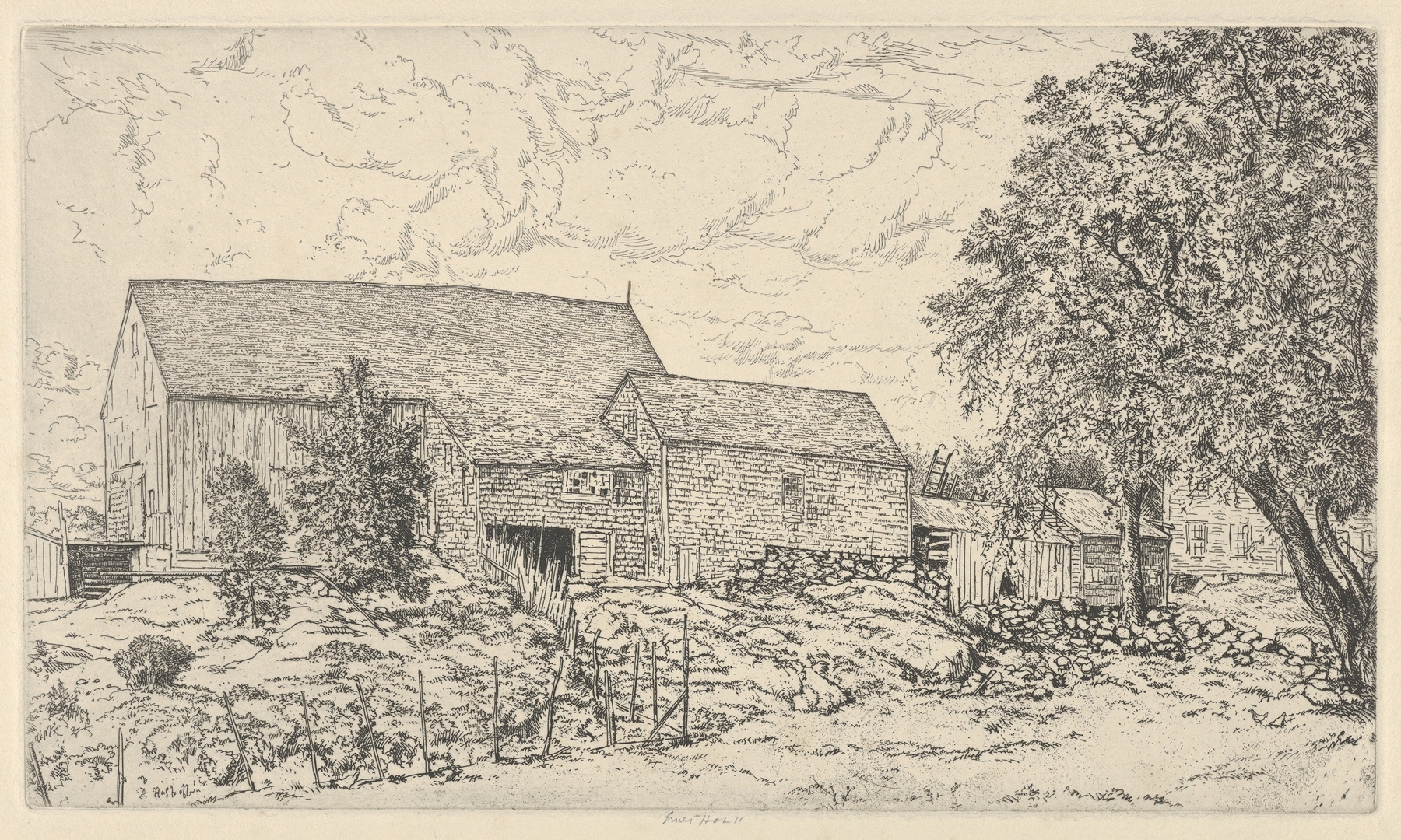 The Barn by Ernest Haskell, realism, depicting a countryside scene with warm wooden planks and shadows.