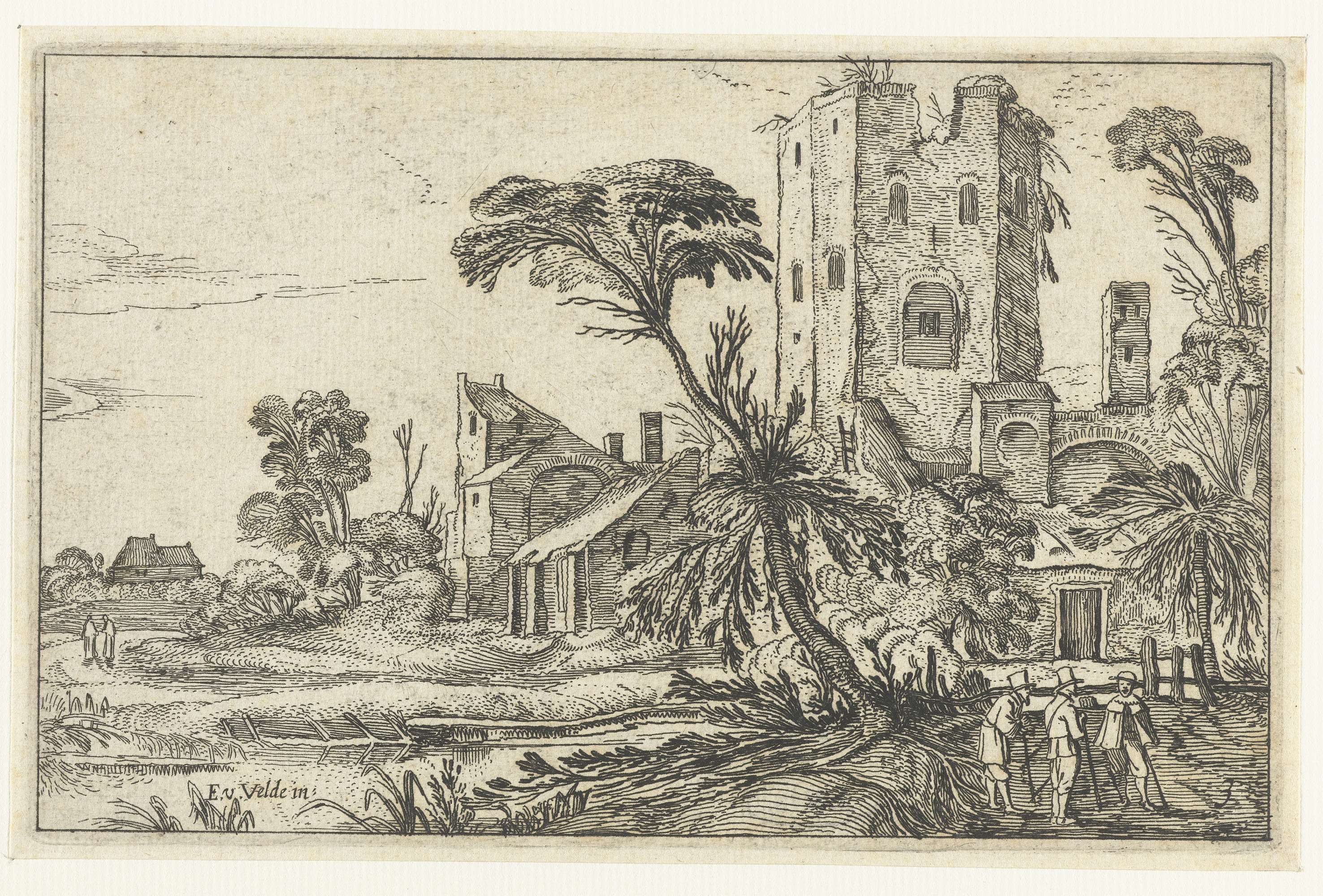 Etching by Unknown Artist depicting three figures on a path beside a crumbling tower