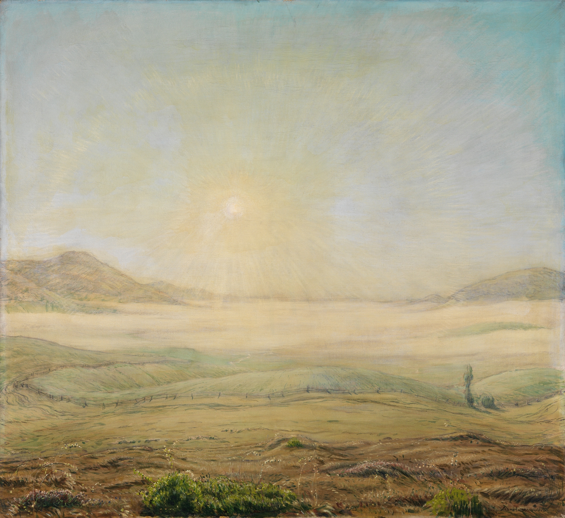 Sonnenaufgang by Adolf Hildenbrand, oil on canvas depicting a dawn landscape with soft colors.