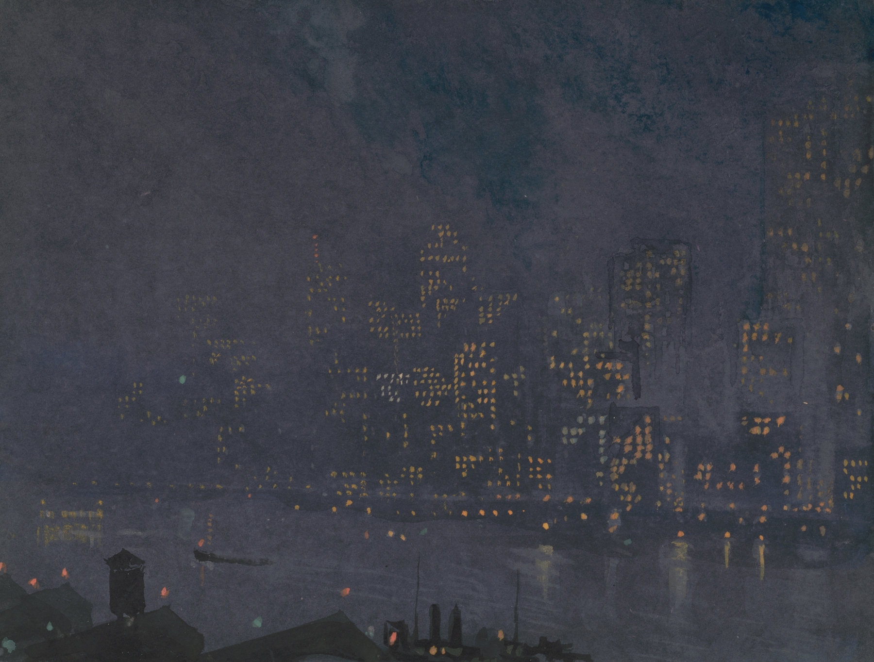 Skyscrapers at night, by Joseph Pennell, public domain