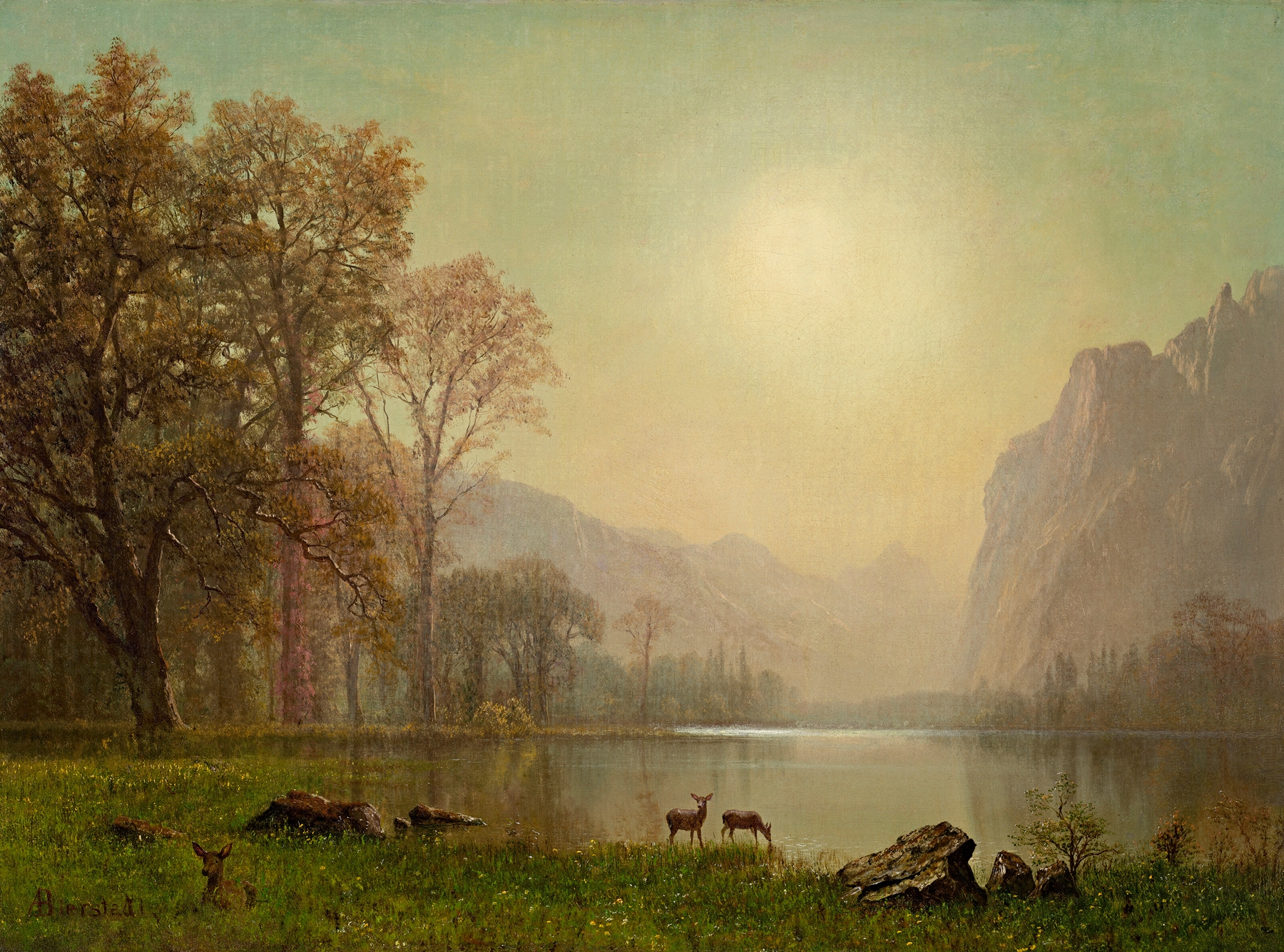 Dawn in the Rockies, oil painting by Albert Bierstadt depicting mountains and a colorful dawn sky.