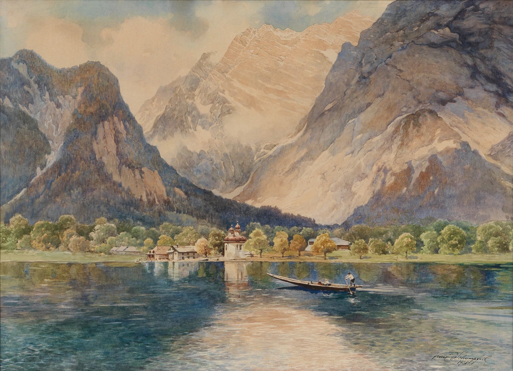 St Bartholomä am Königssee by Karl Schnorpfeil, oil painting depicting a church by a lake.