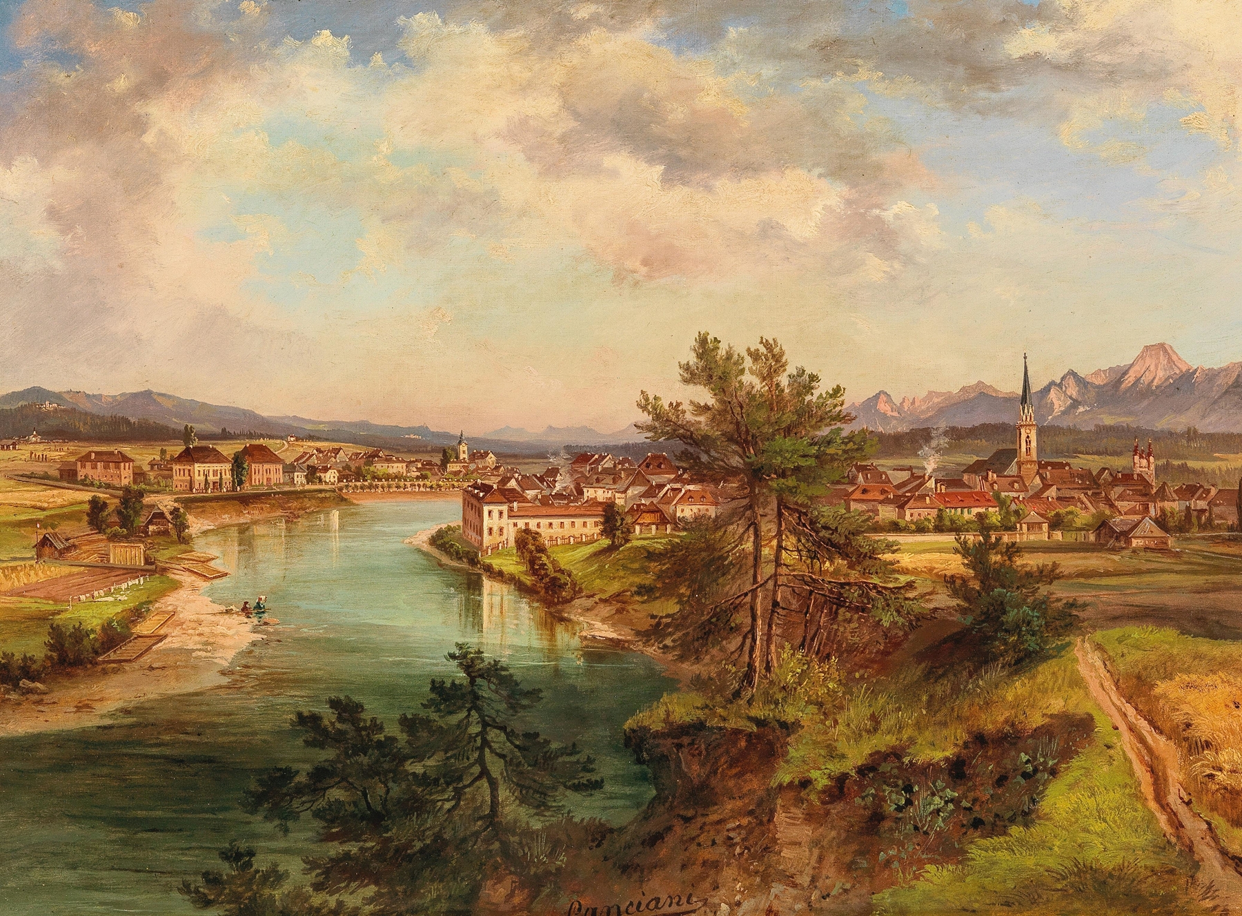 A View of Villach by Jakob Canciani, oil on canvas depicting a town nestled in green hills.