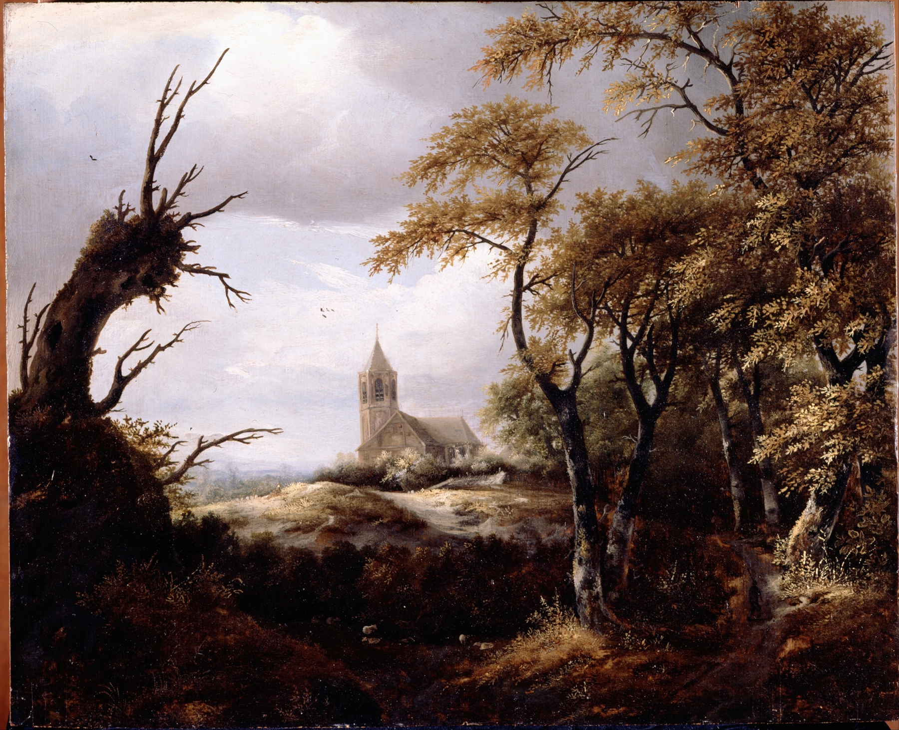 Landscape with a Church, by Jacob van Ruisdael, public domain