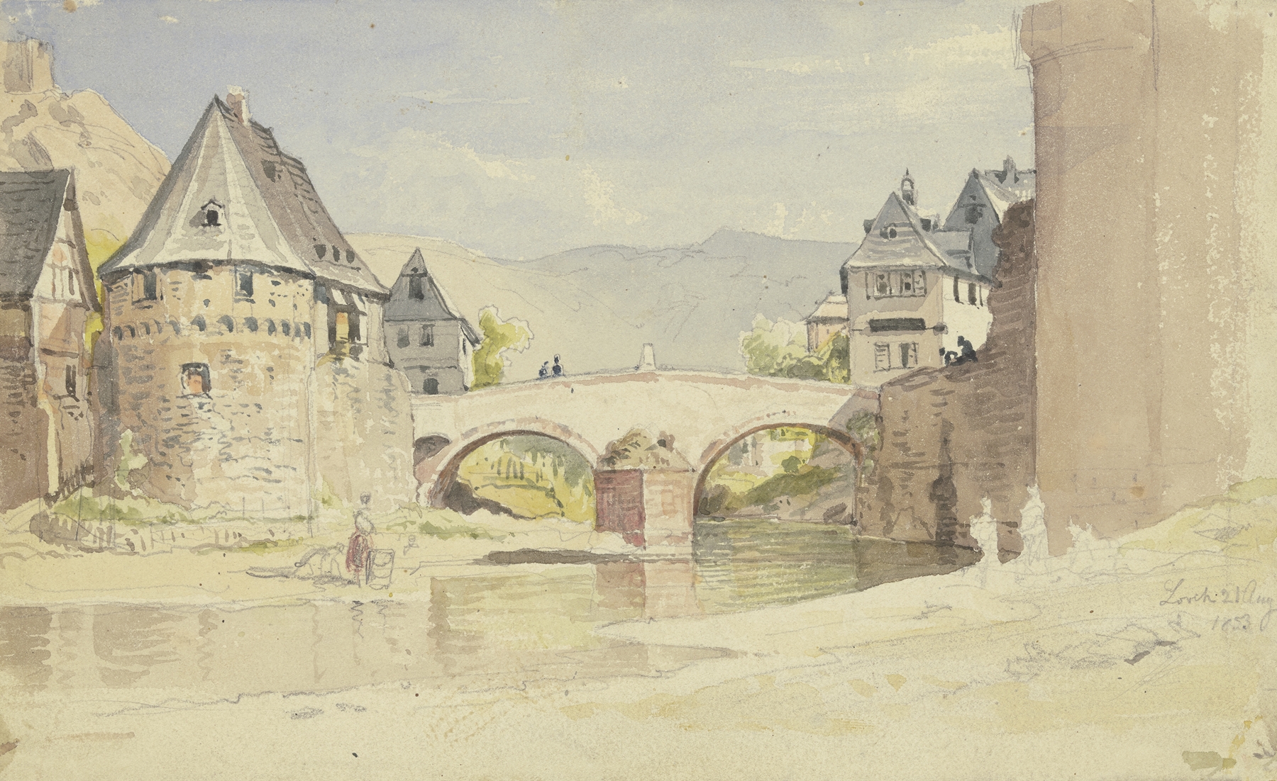 Die abgegangene Steinerne Brücke von 1556 über die Wisper in Lorch im Rheingau, by Carl Morgenstern, public domain