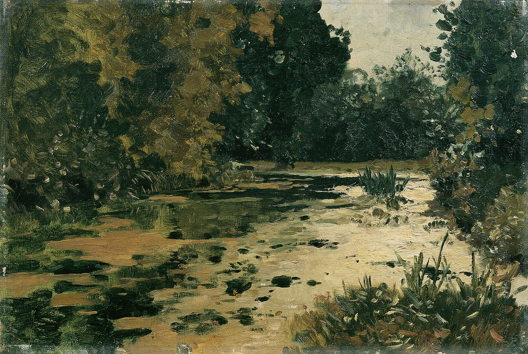 Waldtümpel Waldbach by Adolf Ditscheiner, oil painting depicting a serene forest landscape.