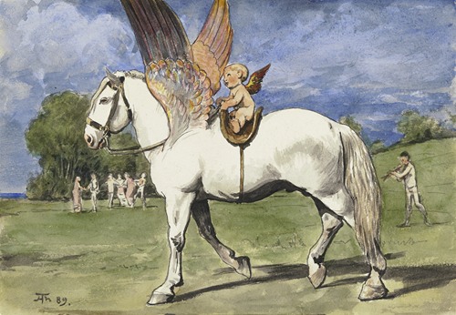 A cherub riding a majestic white Pegasus in a dreamy sky.