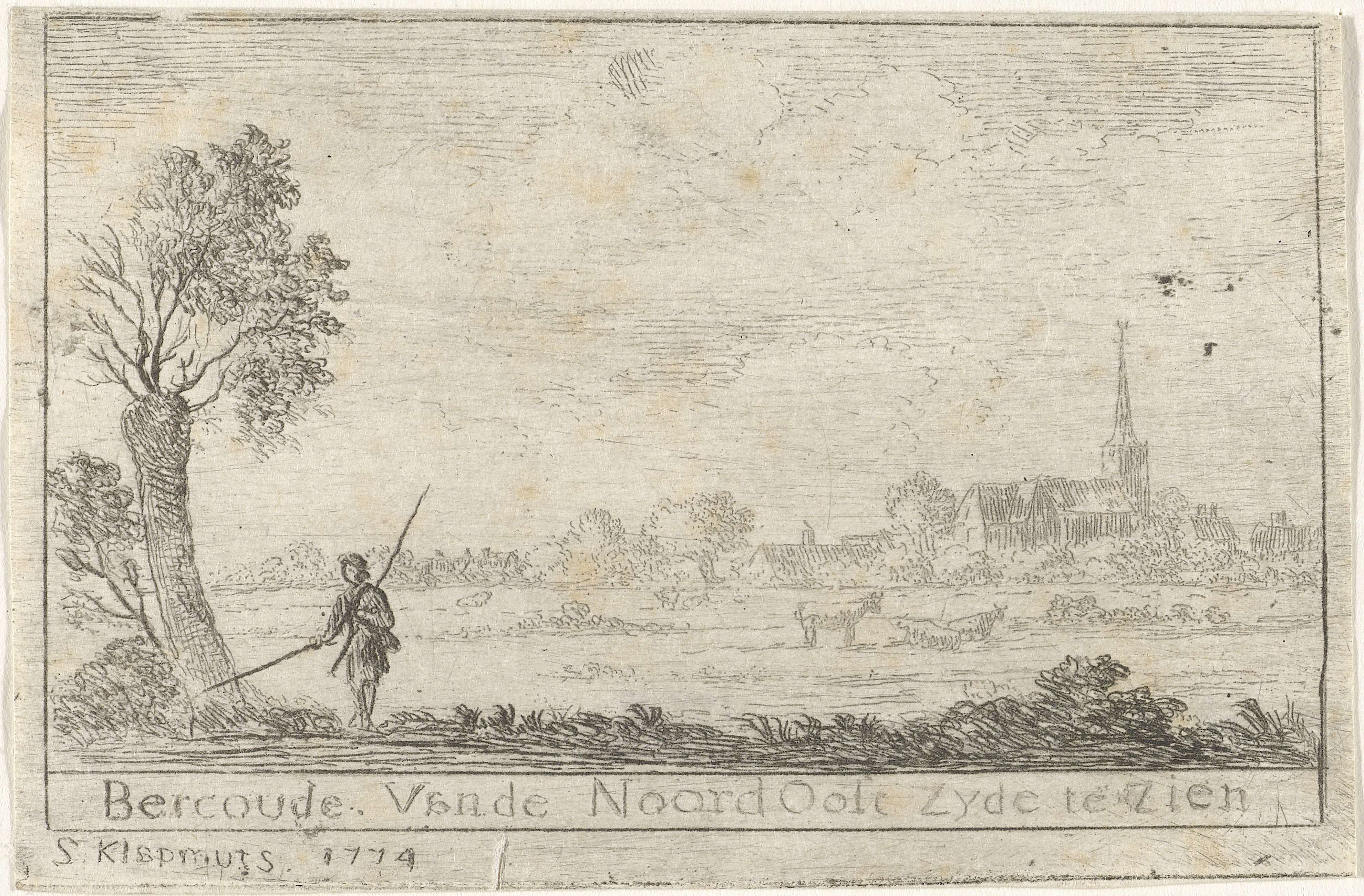 Landscape etching by Simon Klapmuts depicting sunlight over Bercoude's hills