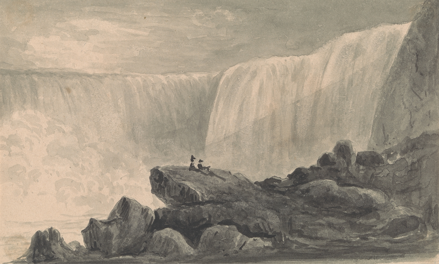 View of Niagara Falls with two figures sitting on a rock, oil painting by Isaac Weld