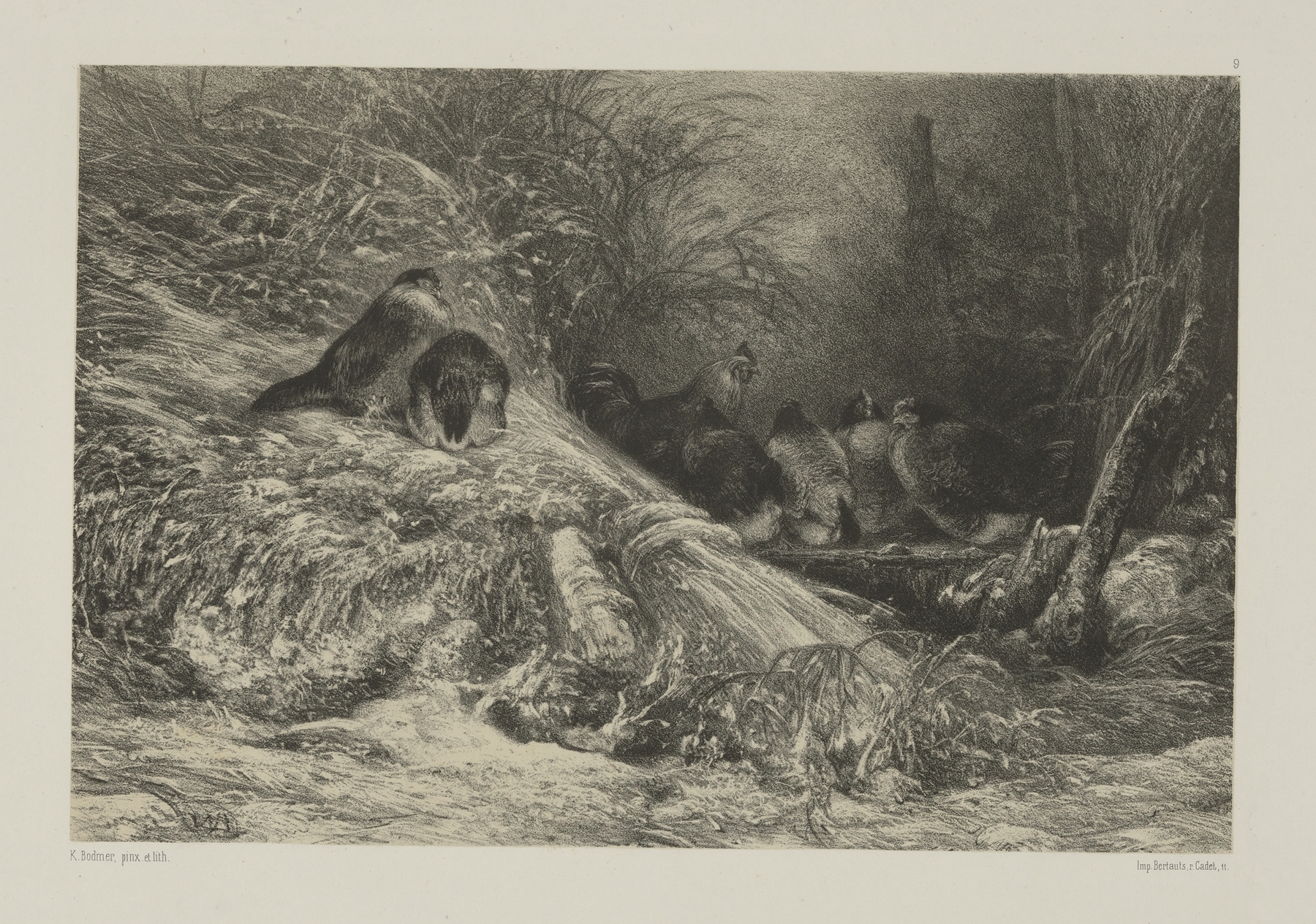 Sheltered from the Frost by Karl Bodmer, genre scene, depicting a group in furs in a snowy landscape.
