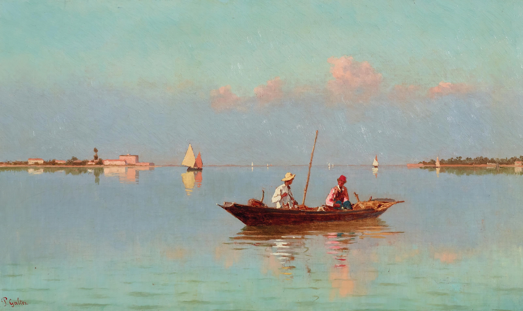 Oil painting of Venice, in the Lagoon by Pietro Galter, depicting a serene landscape with water and skyline.