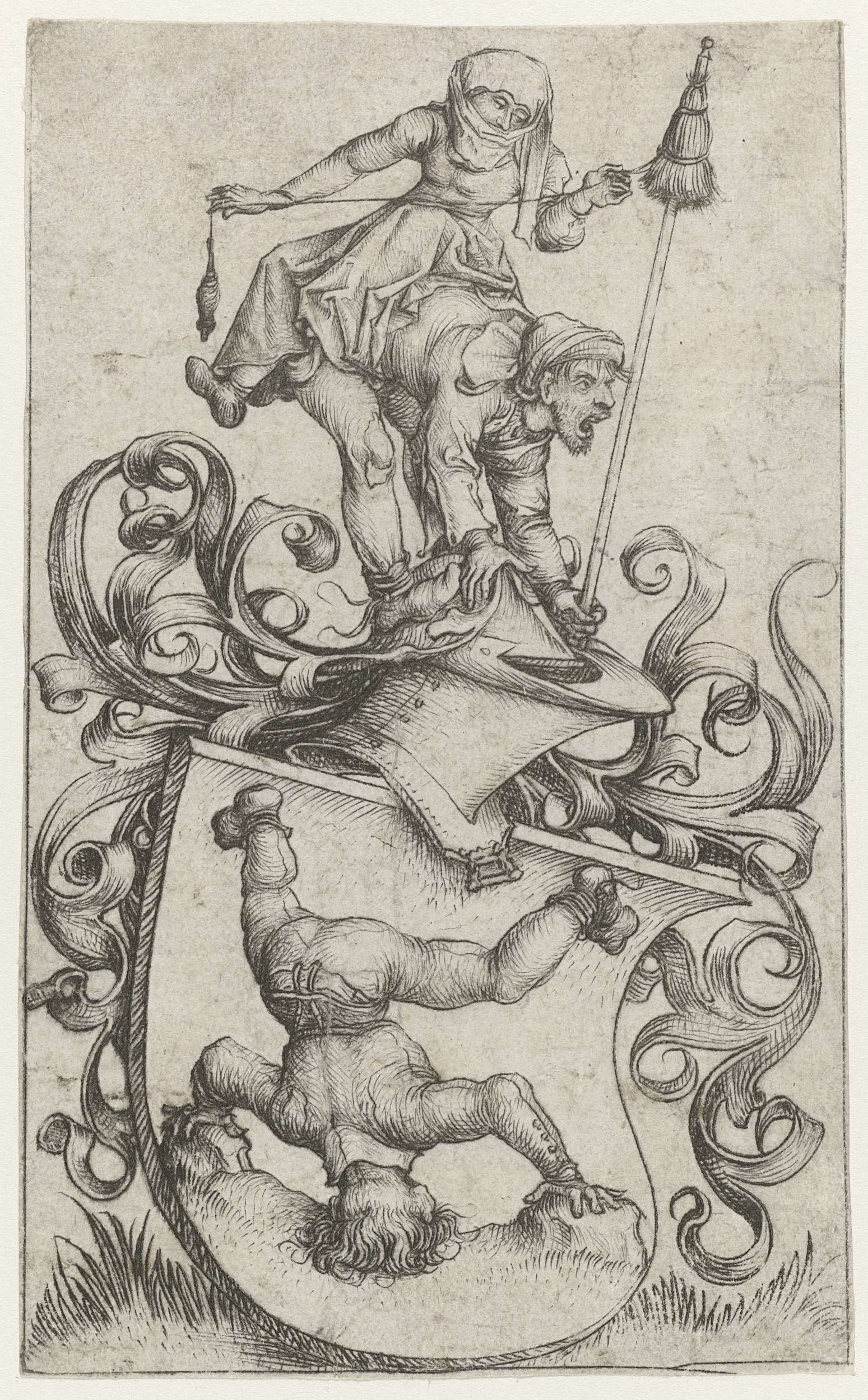 Coat of Arms with a Peasant Standing on his Head, drypoint by Meester van het Amsterdamse Kabinet