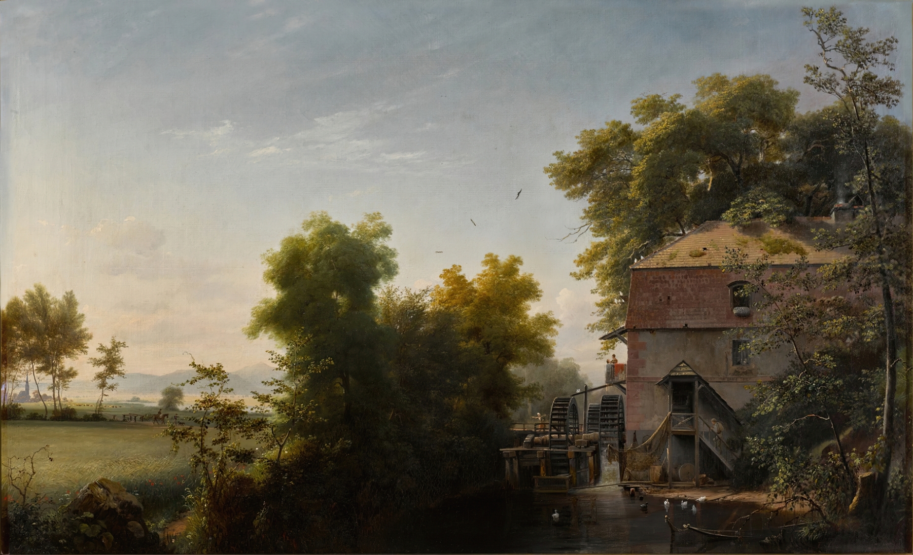 The Water Mill at Heilsberg by Eduard Gaertner, oil painting of a water mill beside a river.