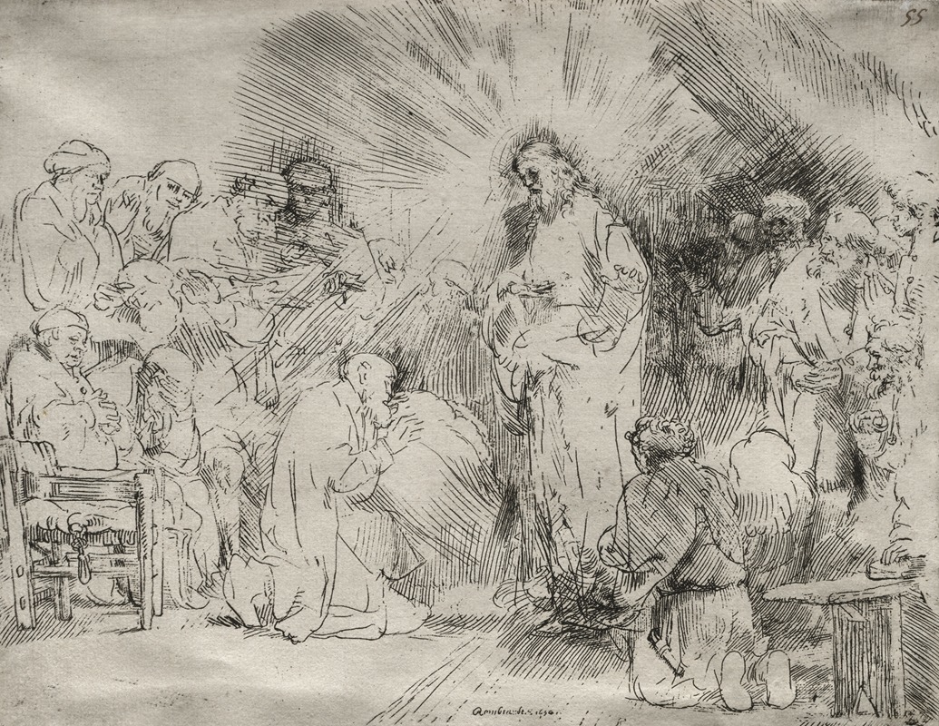 Rembrandt's 'Christ Appearing to the Apostles' captures a moment of divine revelation.