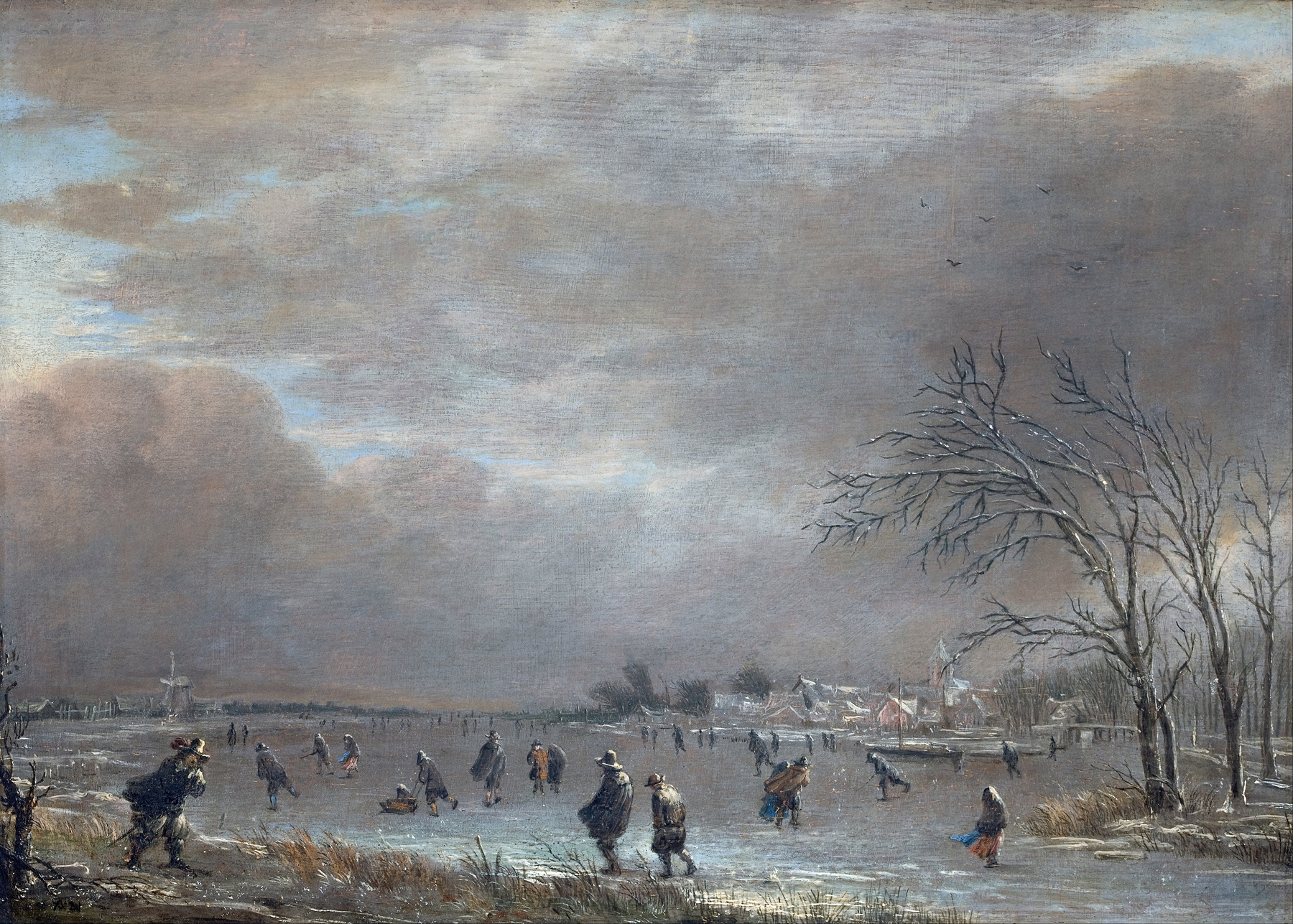 Winter Landscape with Skaters on a Frozen River, by Aert van der Neer, public domain