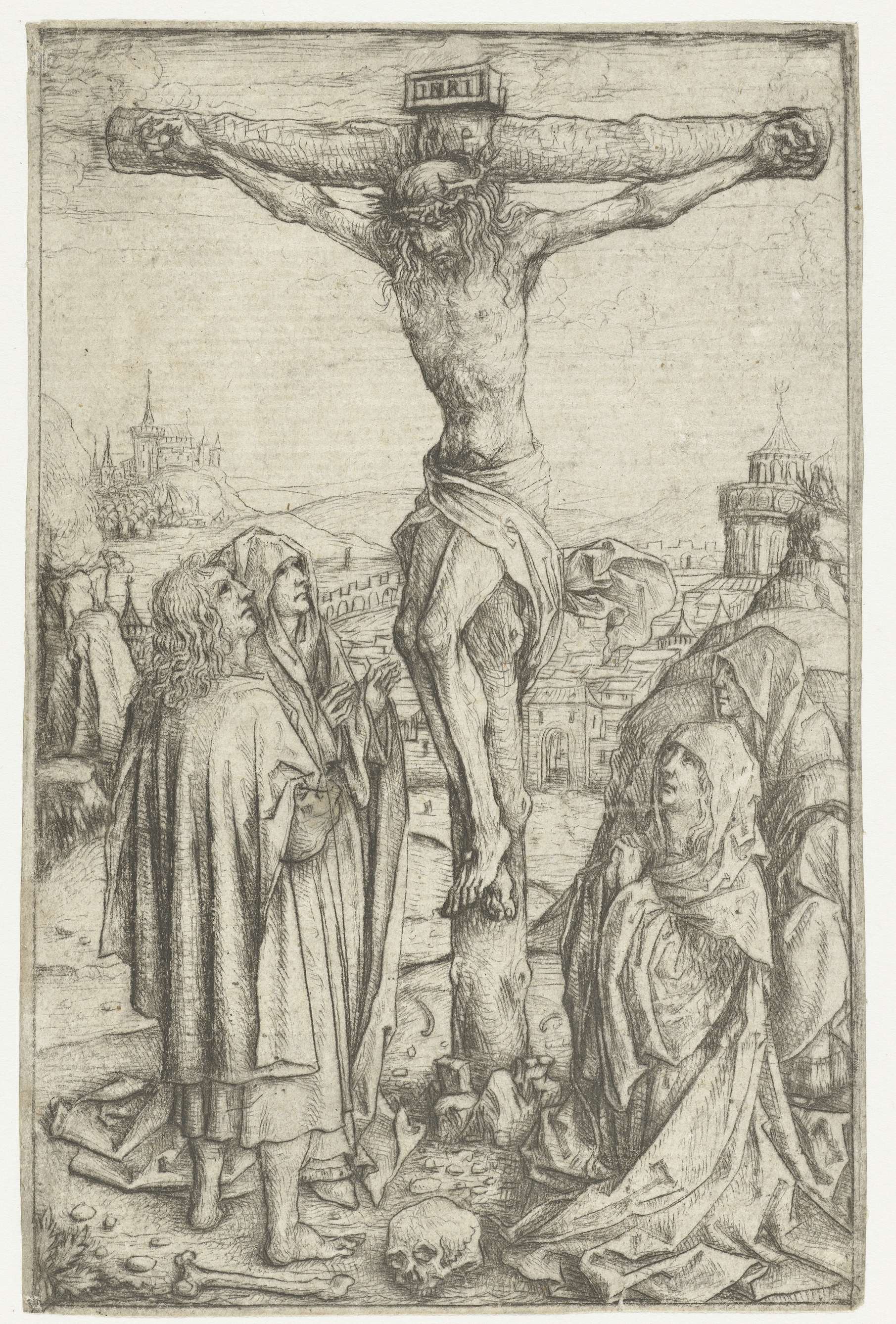Drypoint by Meester van het Amsterdamse Kabinet depicting the crucifixion with saints