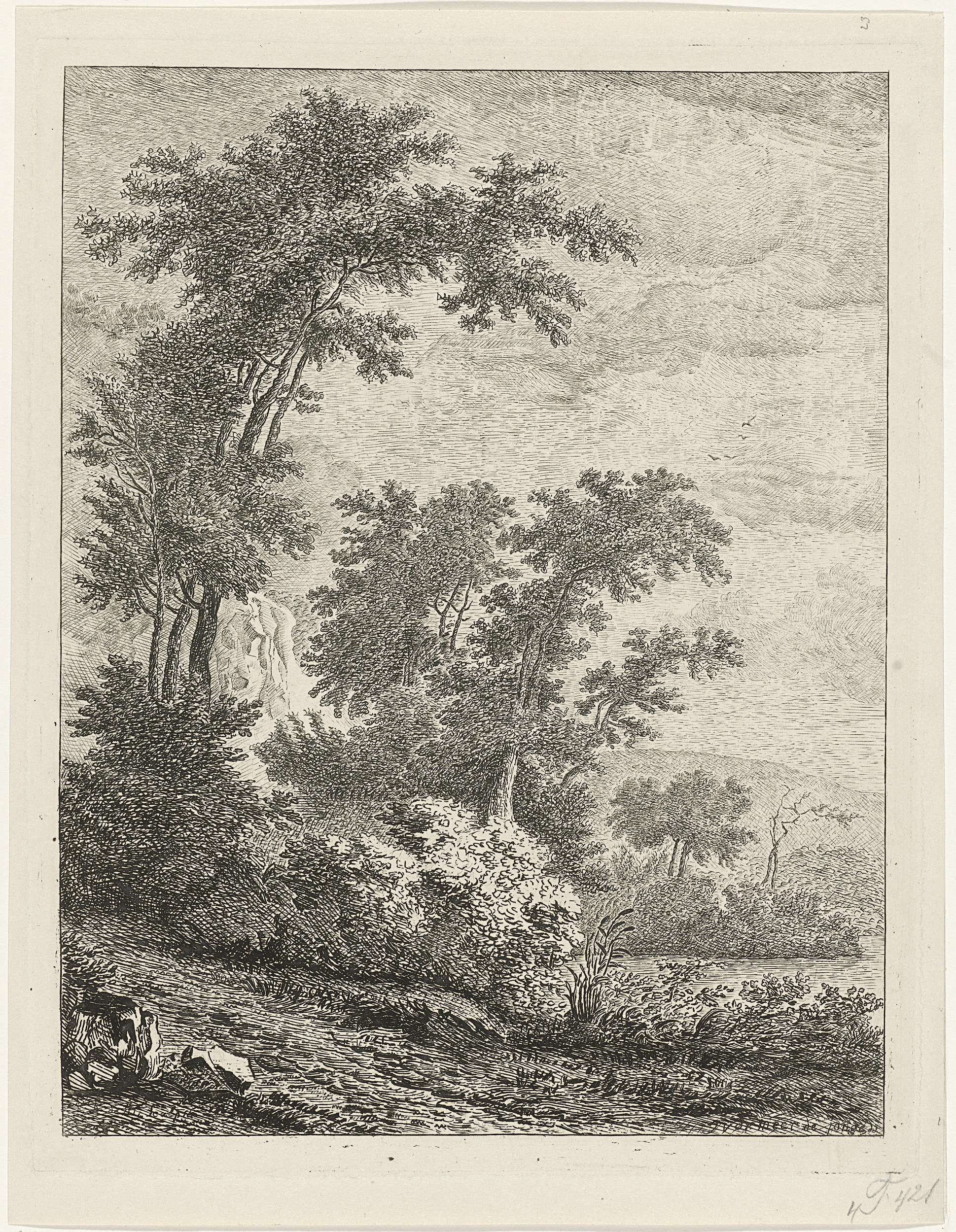 Landschap met hoge bomen, etching by Reinierus Albertus Ludovicus baron van Isendoorn à Blois