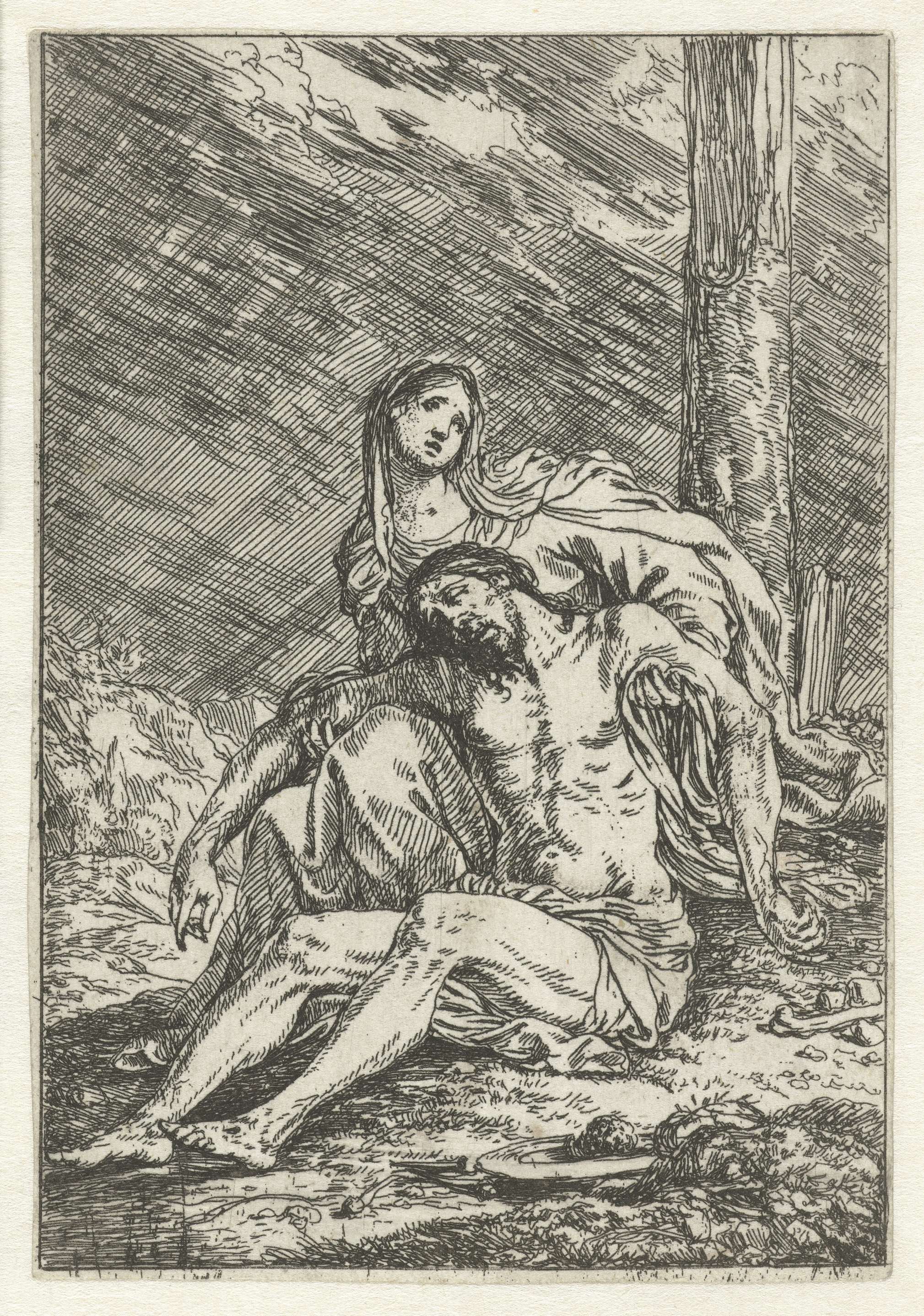 Etching by Jonas Umbach depicting Mary cradling Christ's body, filled with sorrow.