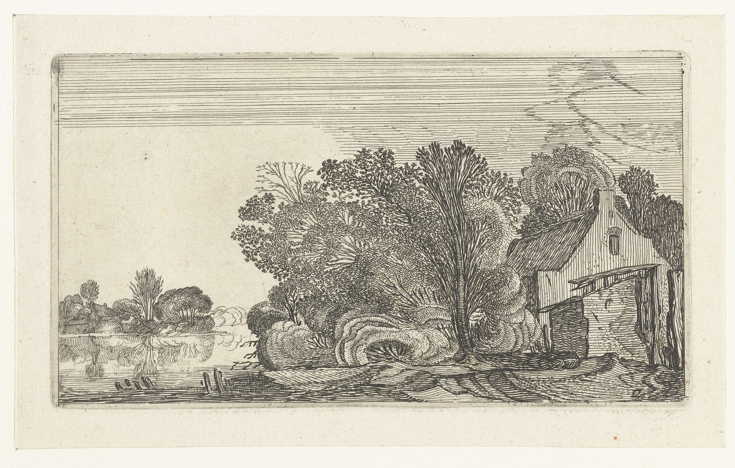 Etching by Unknown Artist depicting a farmstead by a river surrounded by trees.