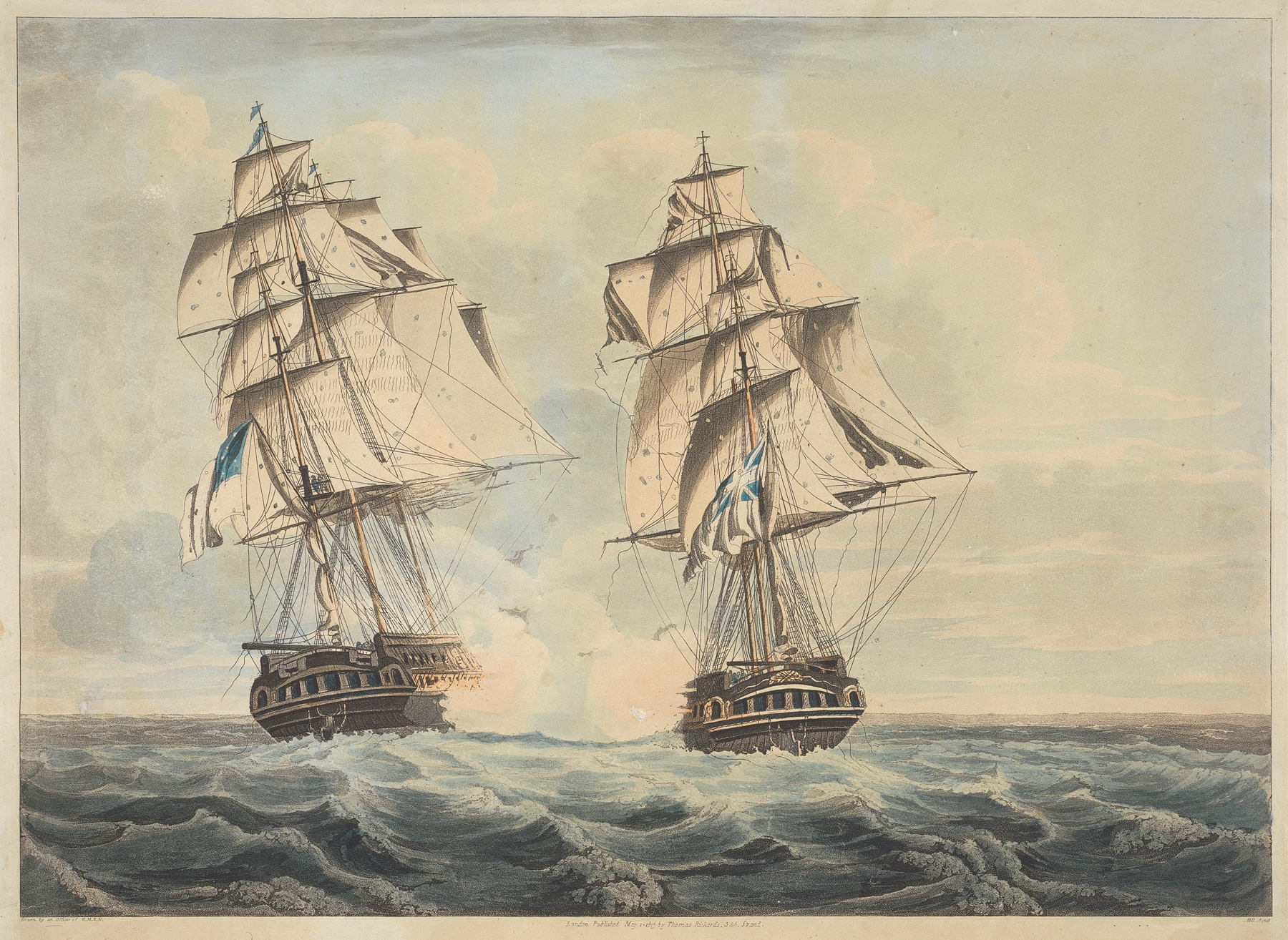 Engraving of His Majesty’s Frigate ‘Endymion’ by John Hill, showing a ship sailing on the ocean.