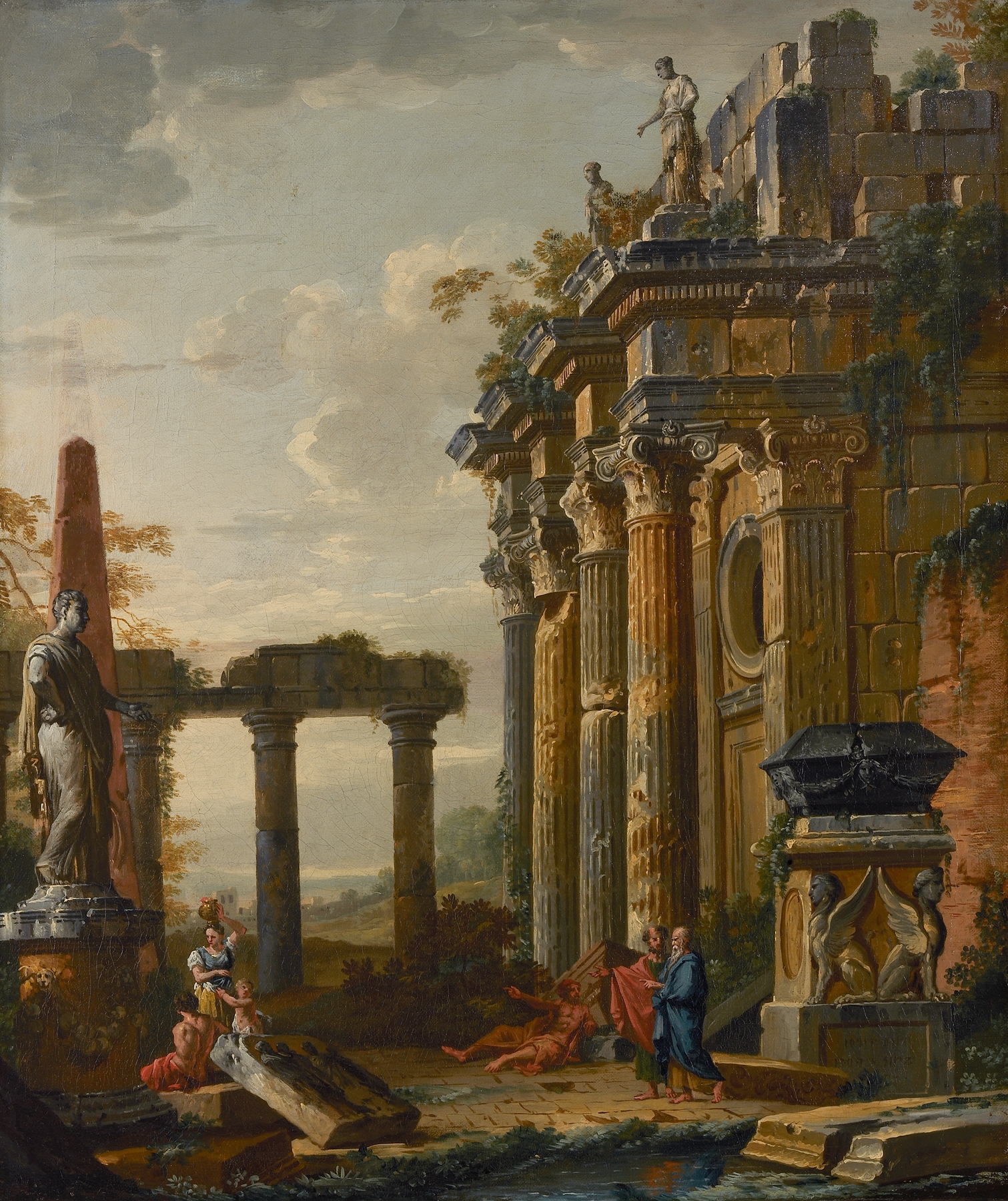 Roman ruins with figures, oil on canvas by Giovanni Paolo Pannini