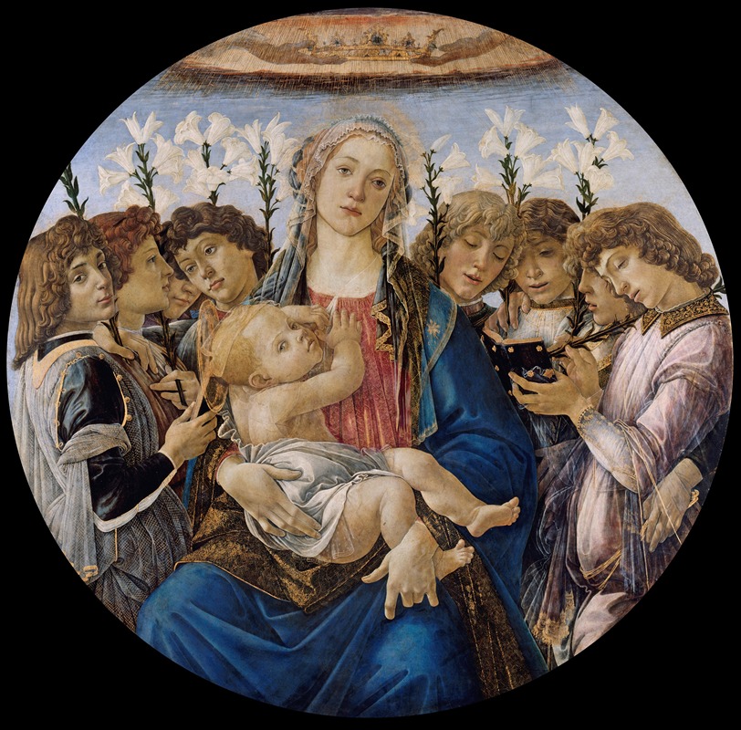 Botticelli's painting features Mary with the Child surrounded by singing angels.
