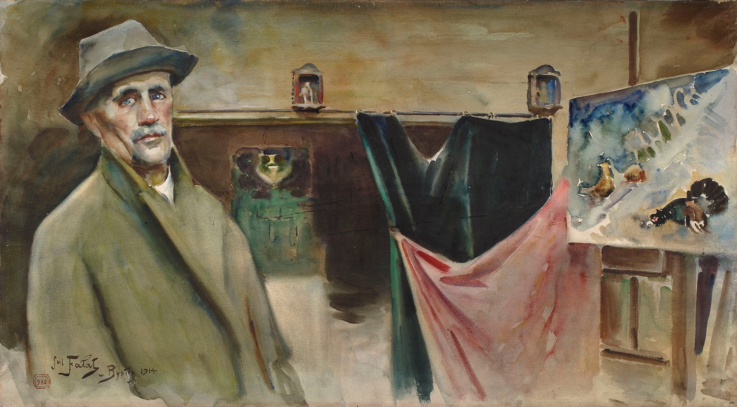 Self-portrait of Julian Falat in his studio, showcasing his artistic environment.