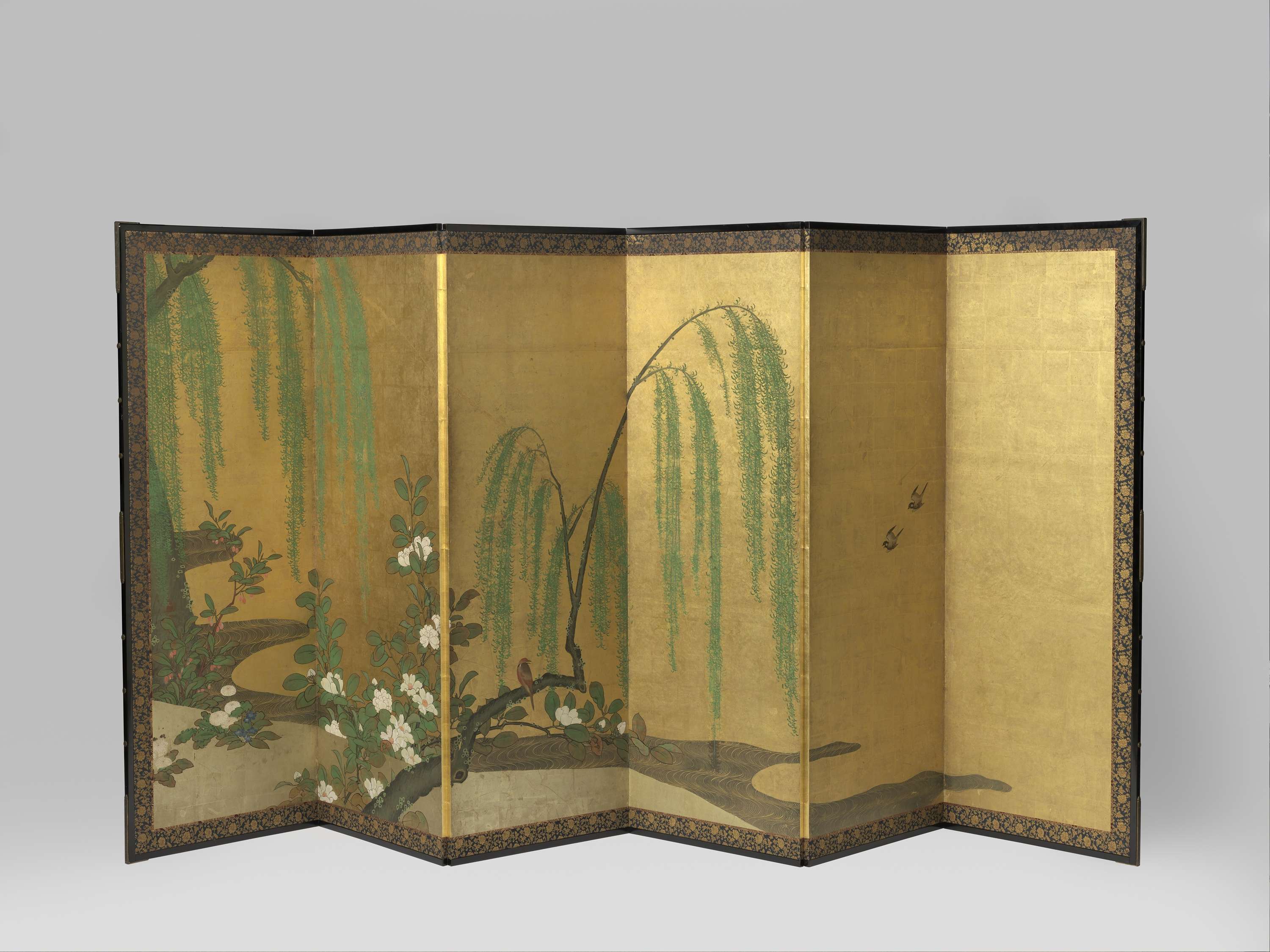 Japanese folding screen depicting spring with prunus branches and water, by Unkoku, paper