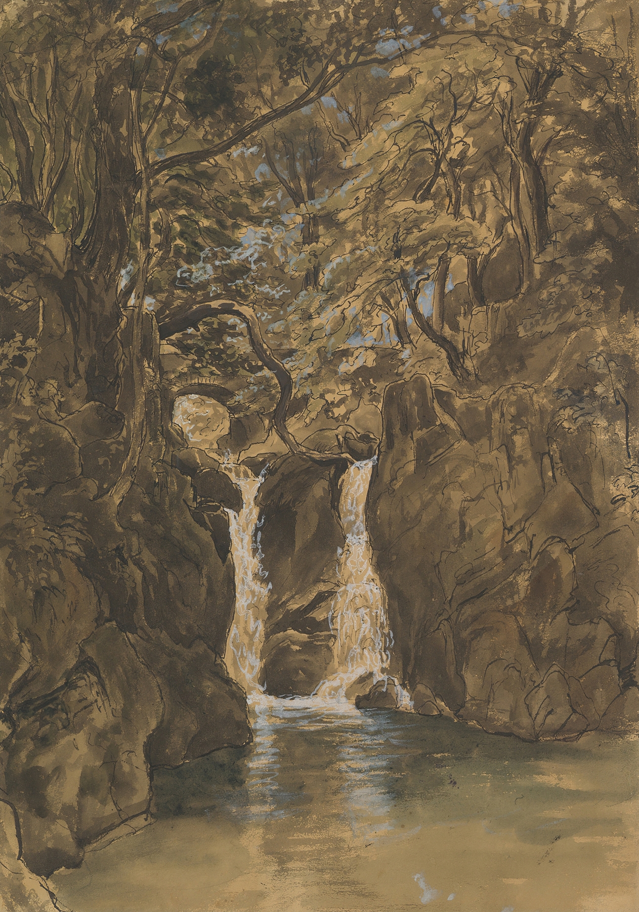 A View of Lower Rydal Falls, oil on canvas by Thomas Fearnley, depicting a waterfall and tranquil forest.