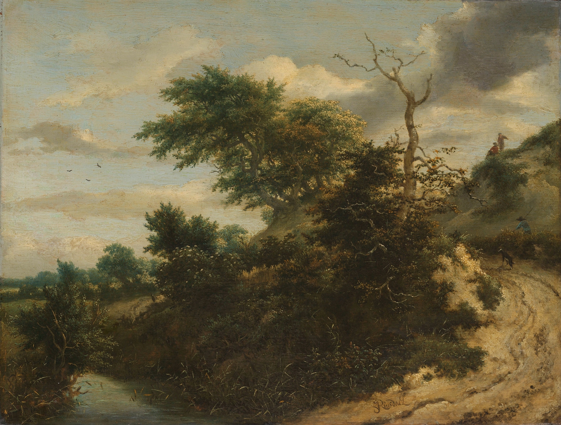 Sandy Track in the Dunes, oil painting by Jacob van Ruisdael, featuring a sandy path and greenery.