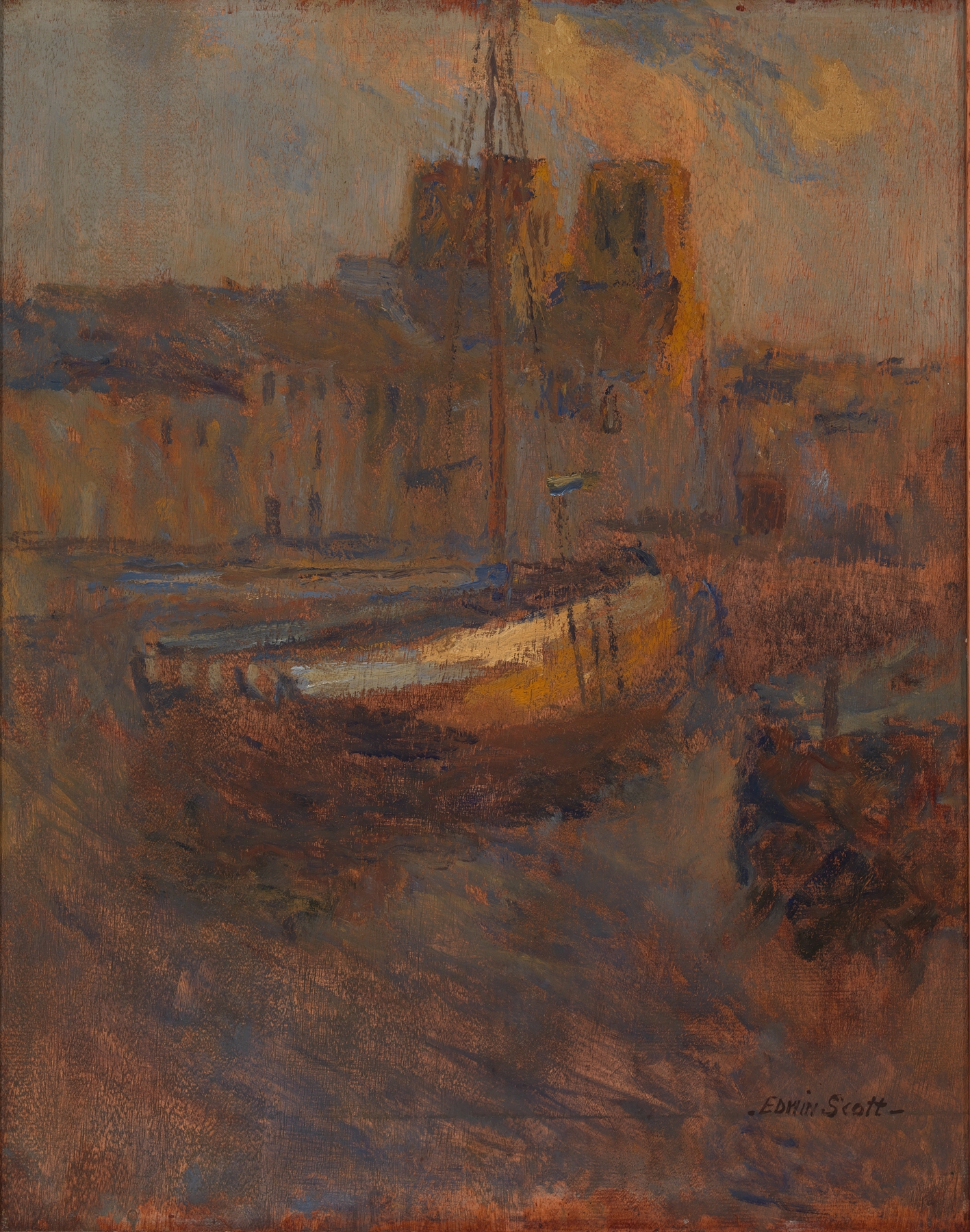 Ships at Anchor, Cherbourg no. II, by Frank Edwin Scott, public domain