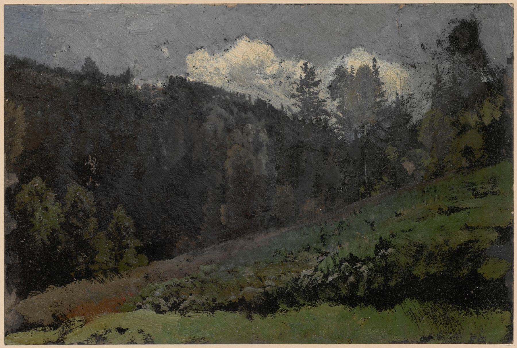 Mountain slope by Adolf Dressler, Romanticism, depicting a misty landscape with jagged peaks.
