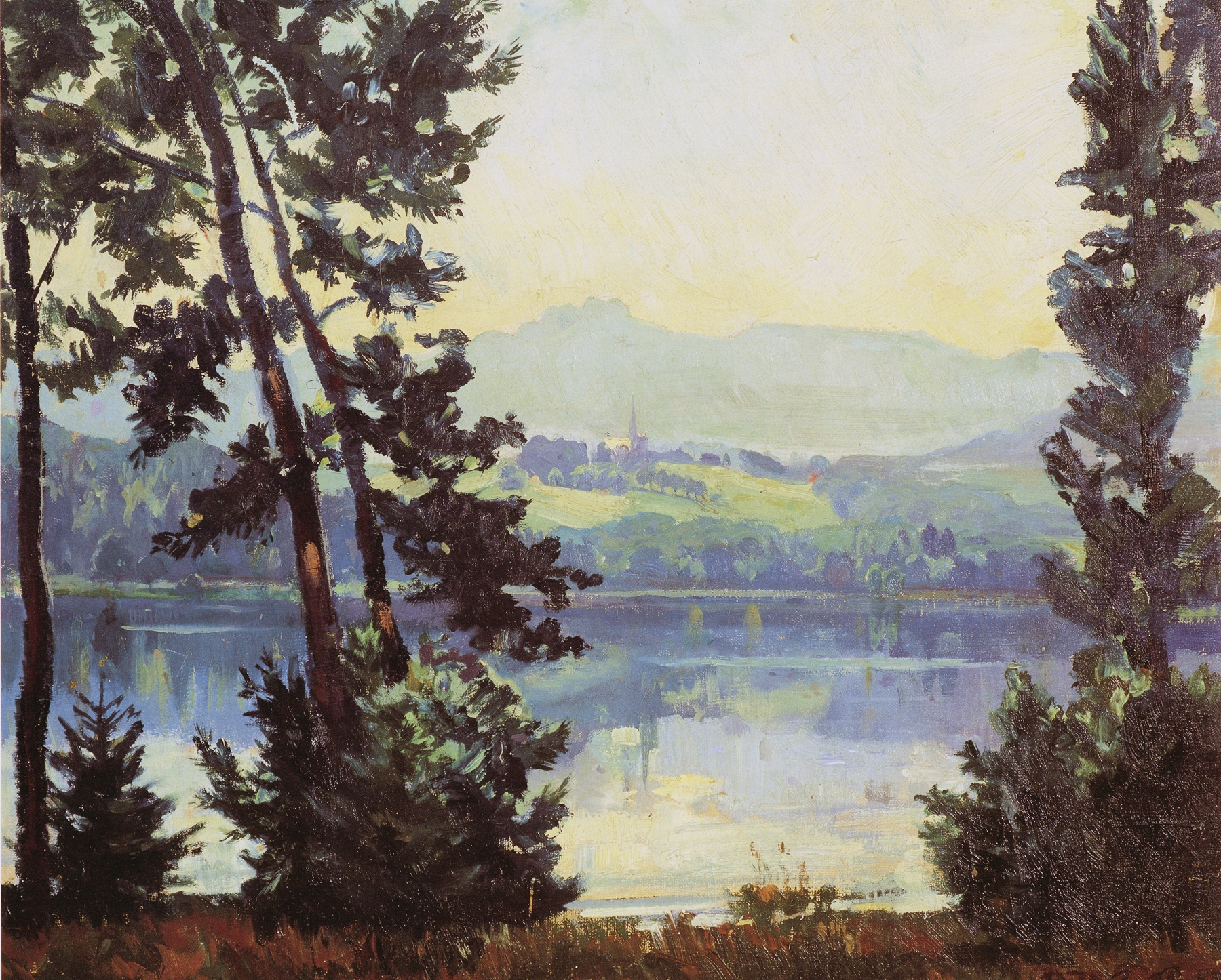 Landscape oil painting by Paul Roloff depicting the calm waters of Simssee