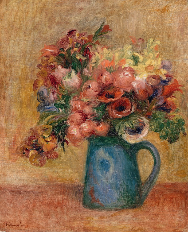 A vibrant still life painting featuring a vase filled with colorful flowers.